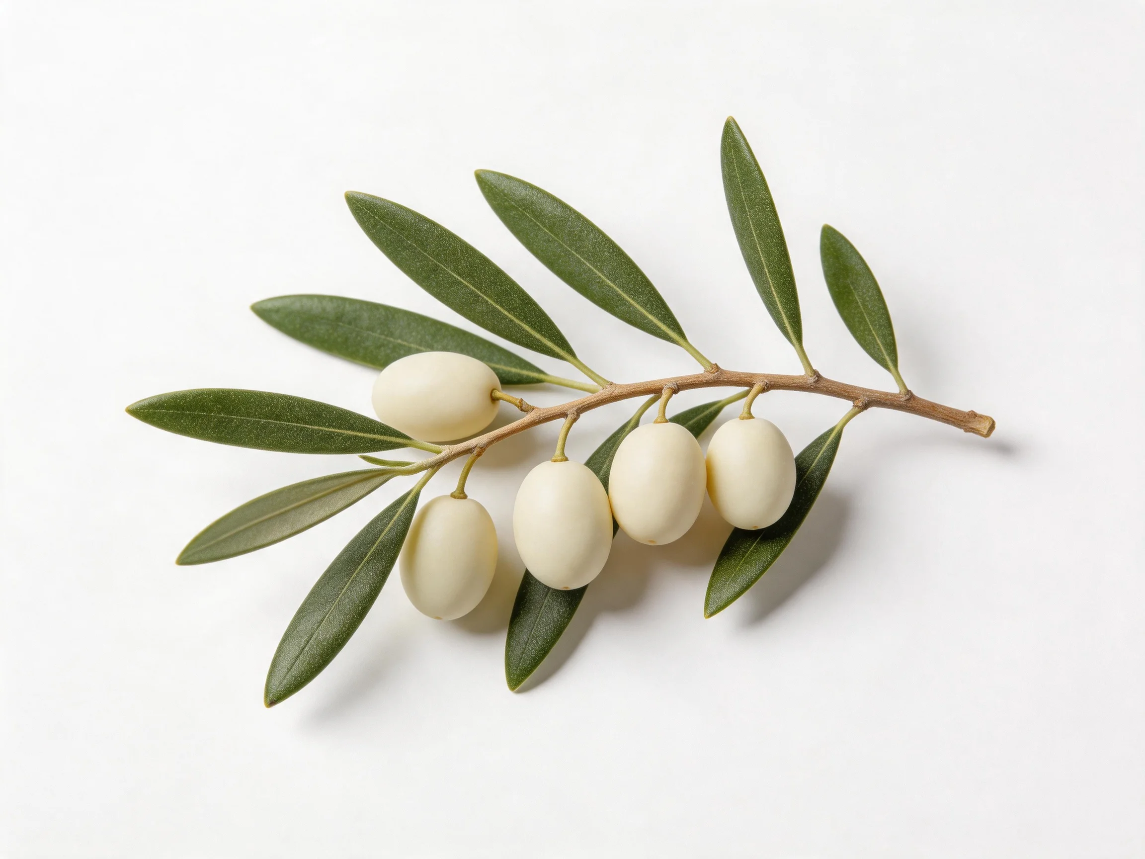 Five pale olives on a branch with dark green elongated leaves