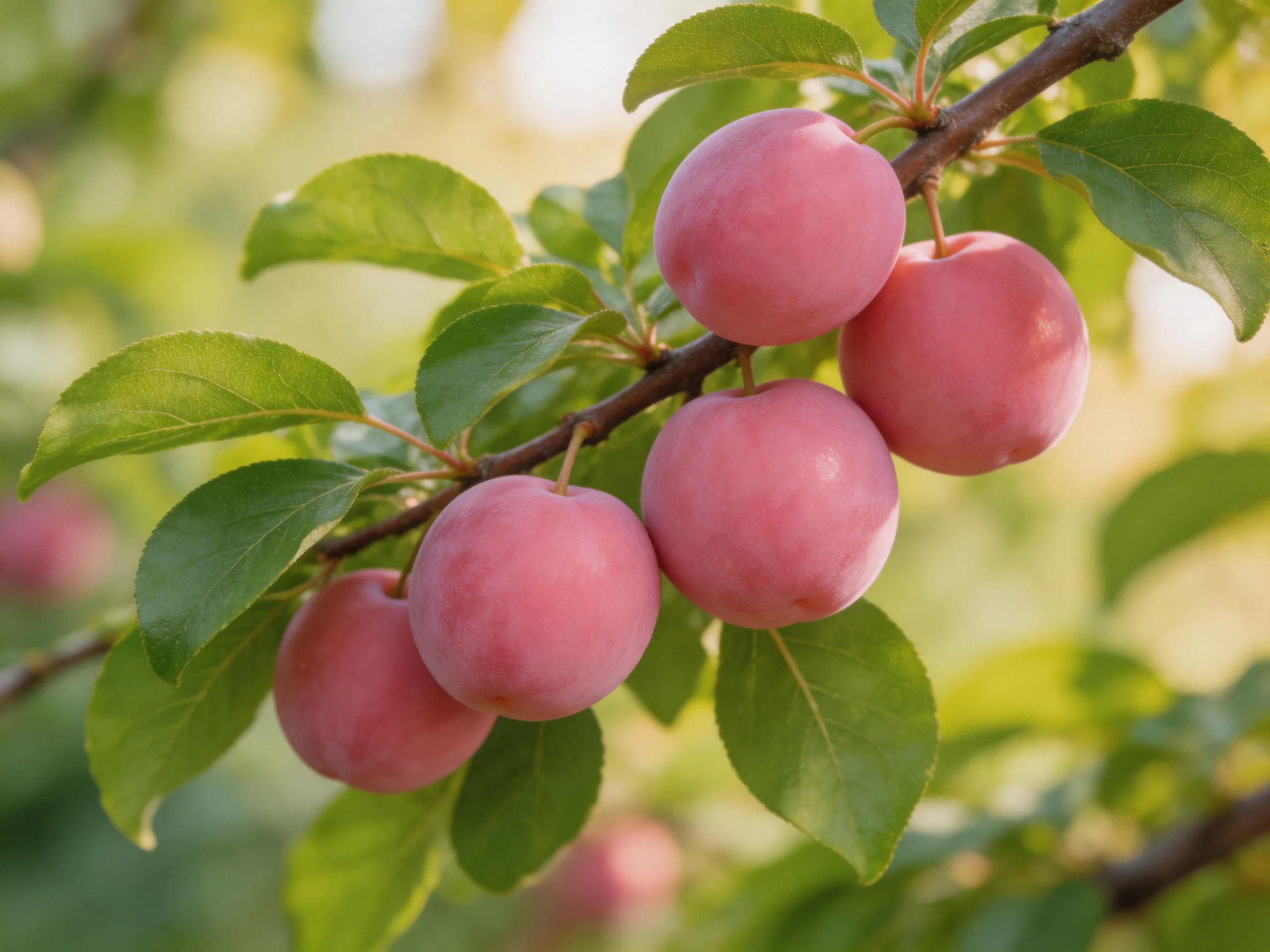 Five pink plums hang from a branch with lush green leaves