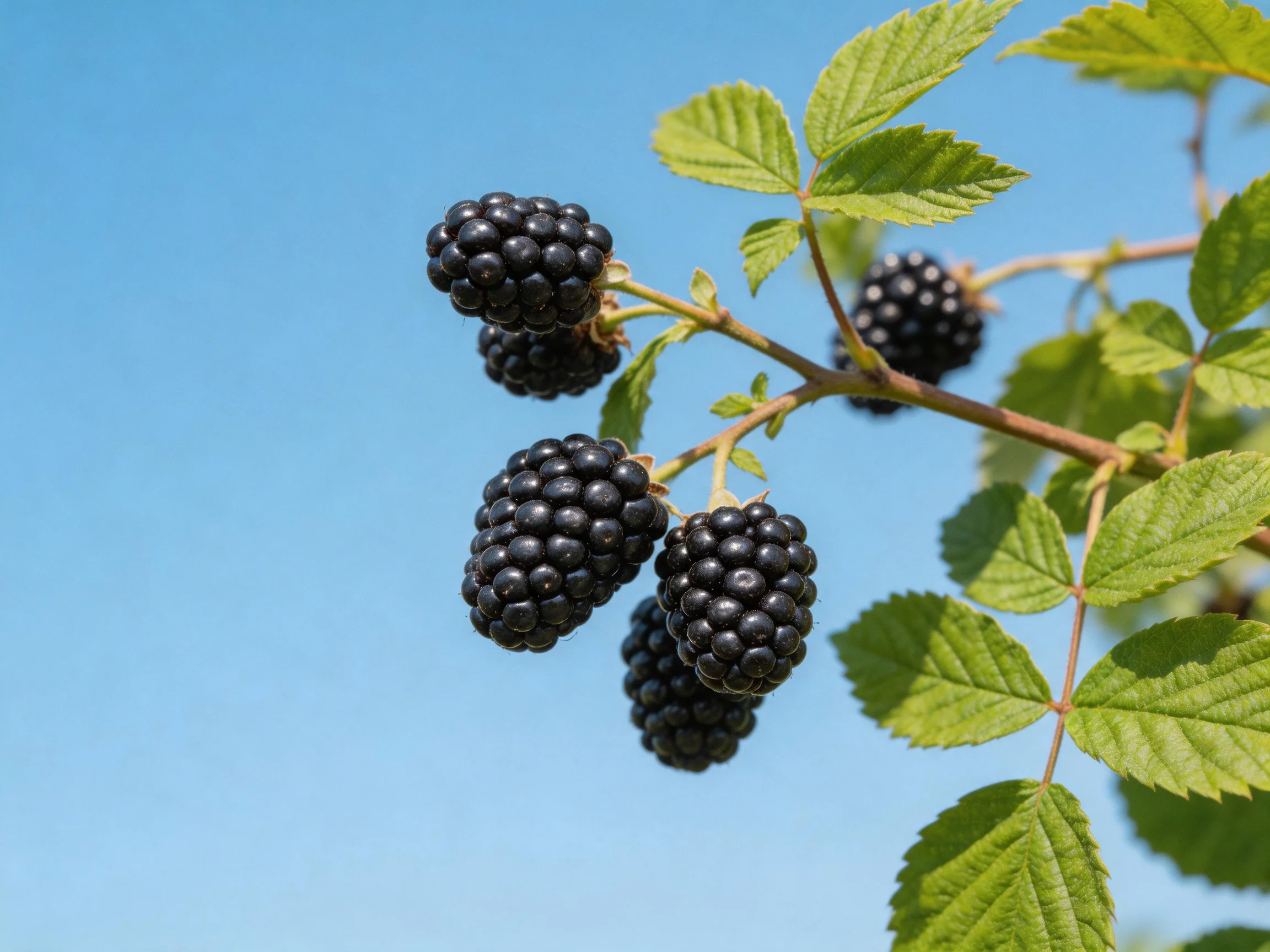 Five plump blackberries cluster on a branch with vibrant green leaves against a clear blue sky.