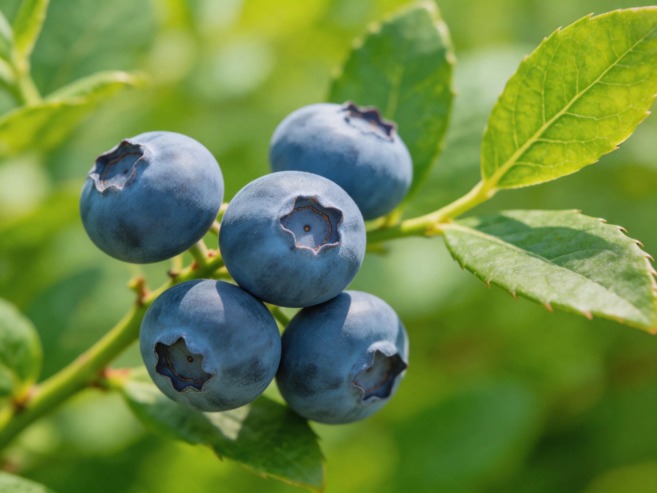 Five plump blueberries clustered among vibrant green leaves