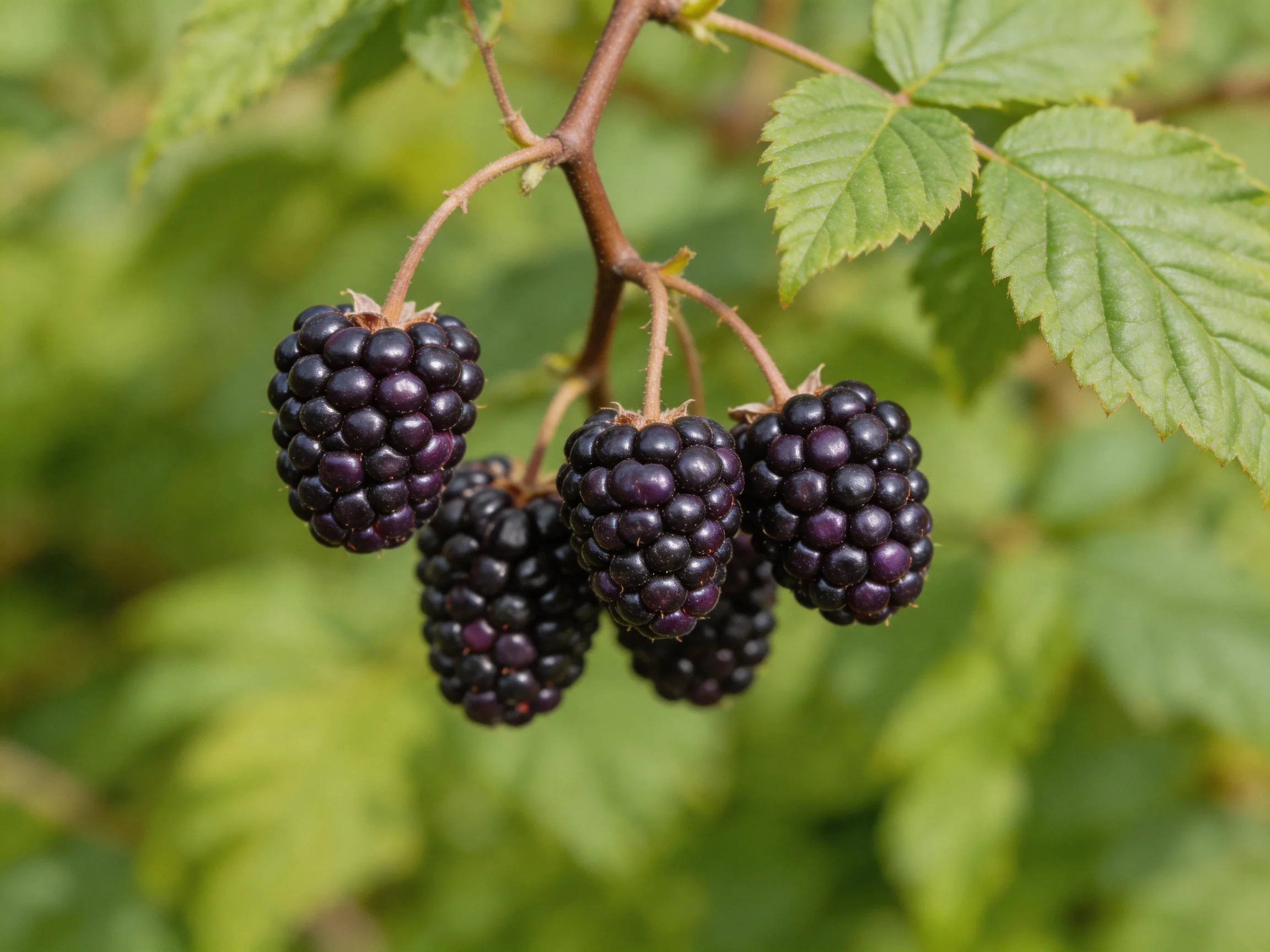 Five plump dark purple berries cluster on a leafy branch