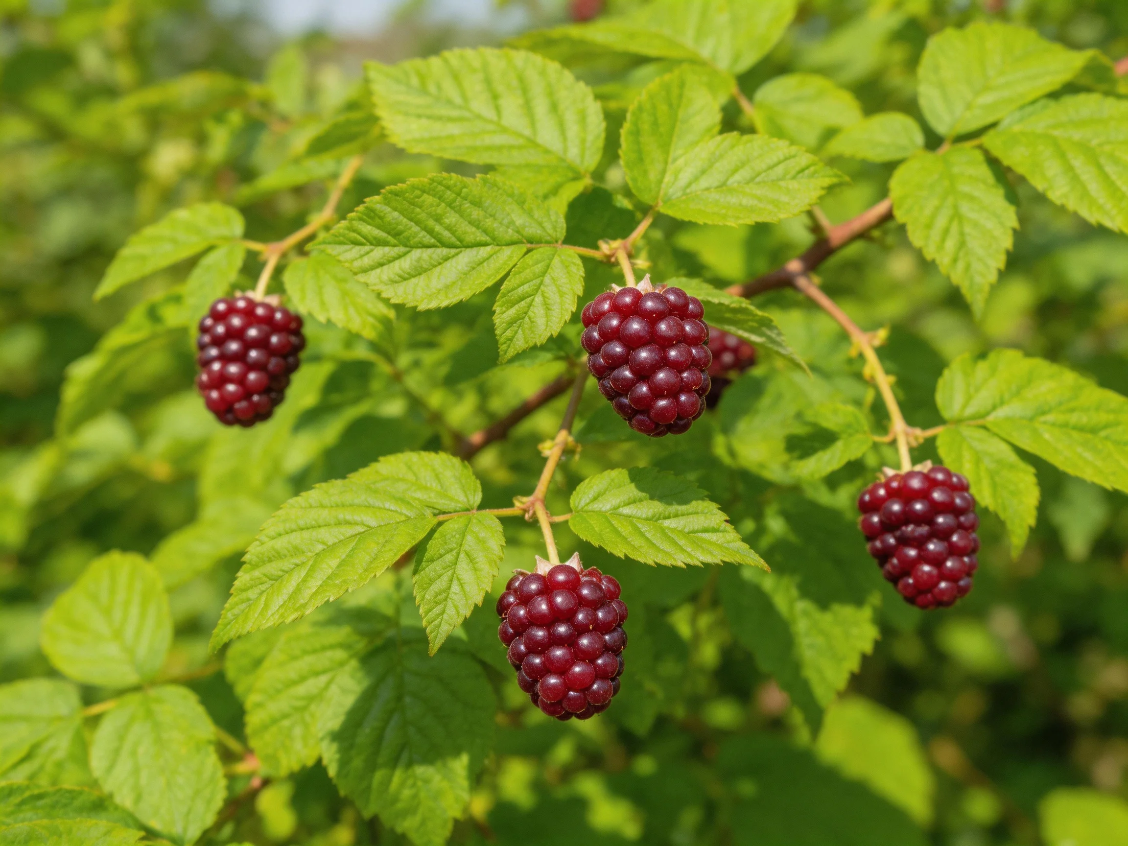 Five plump dark purple berries hang from leafy branches