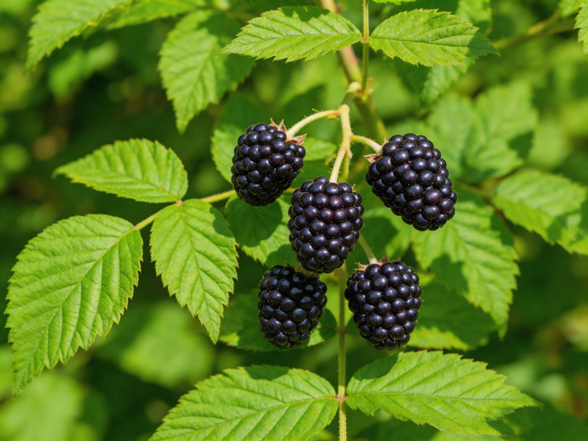 Five plump dark purple blackberries cluster among vibrant green leaves