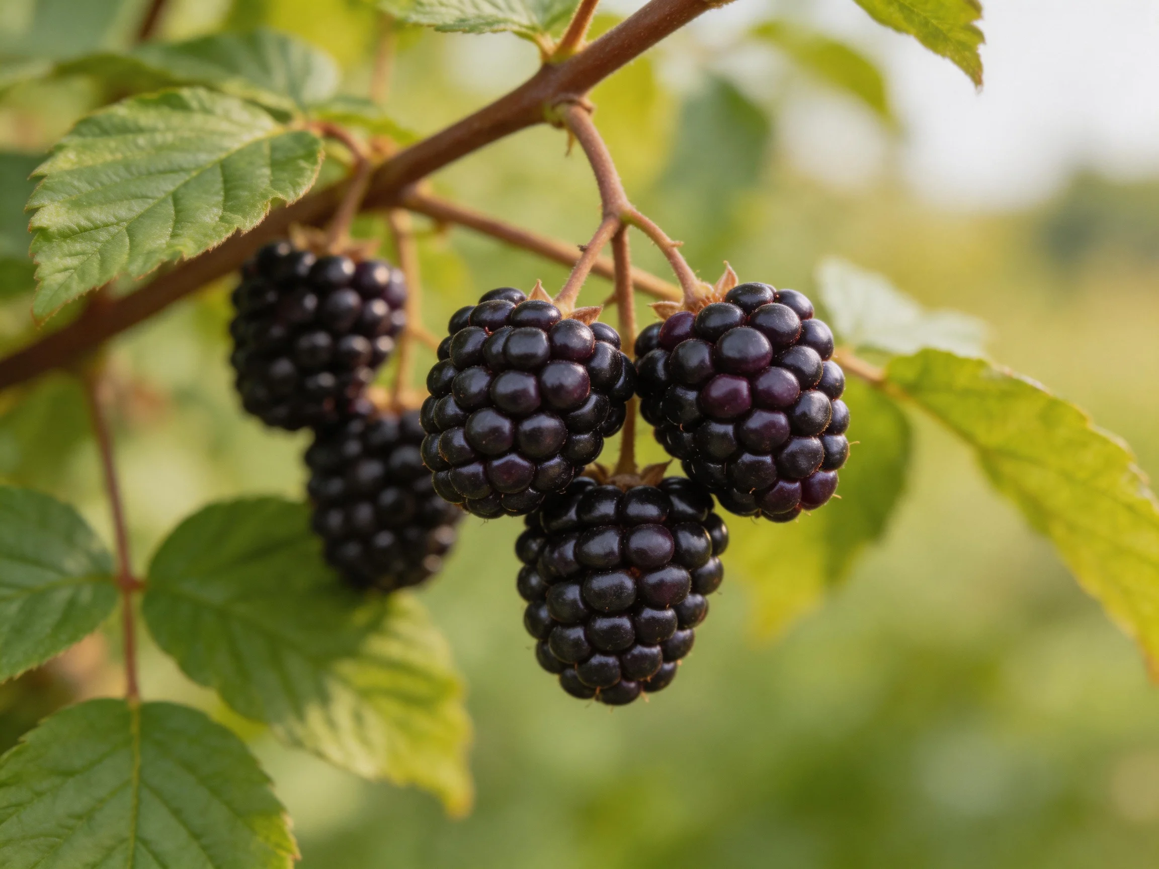 Five plump, dark purple blackberries hang from a leafy branch