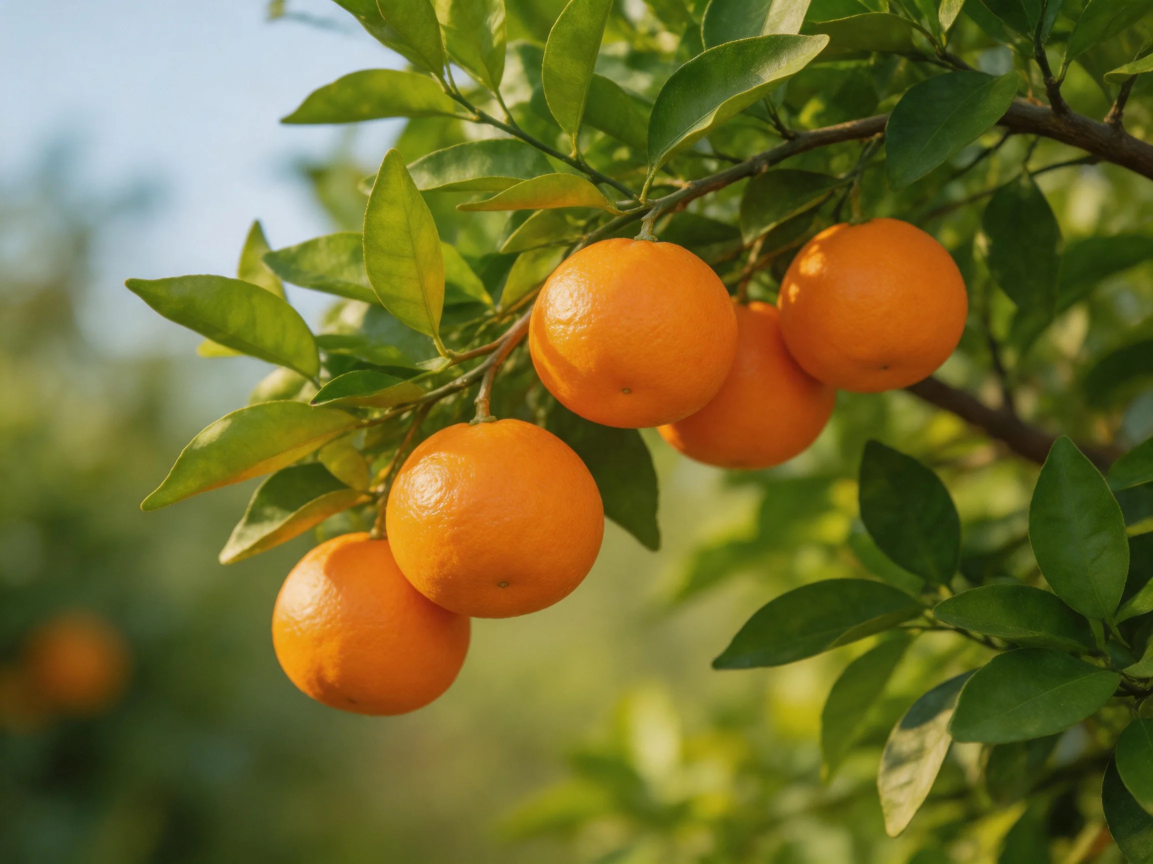 Five plump oranges hang from a leafy citrus tree branch