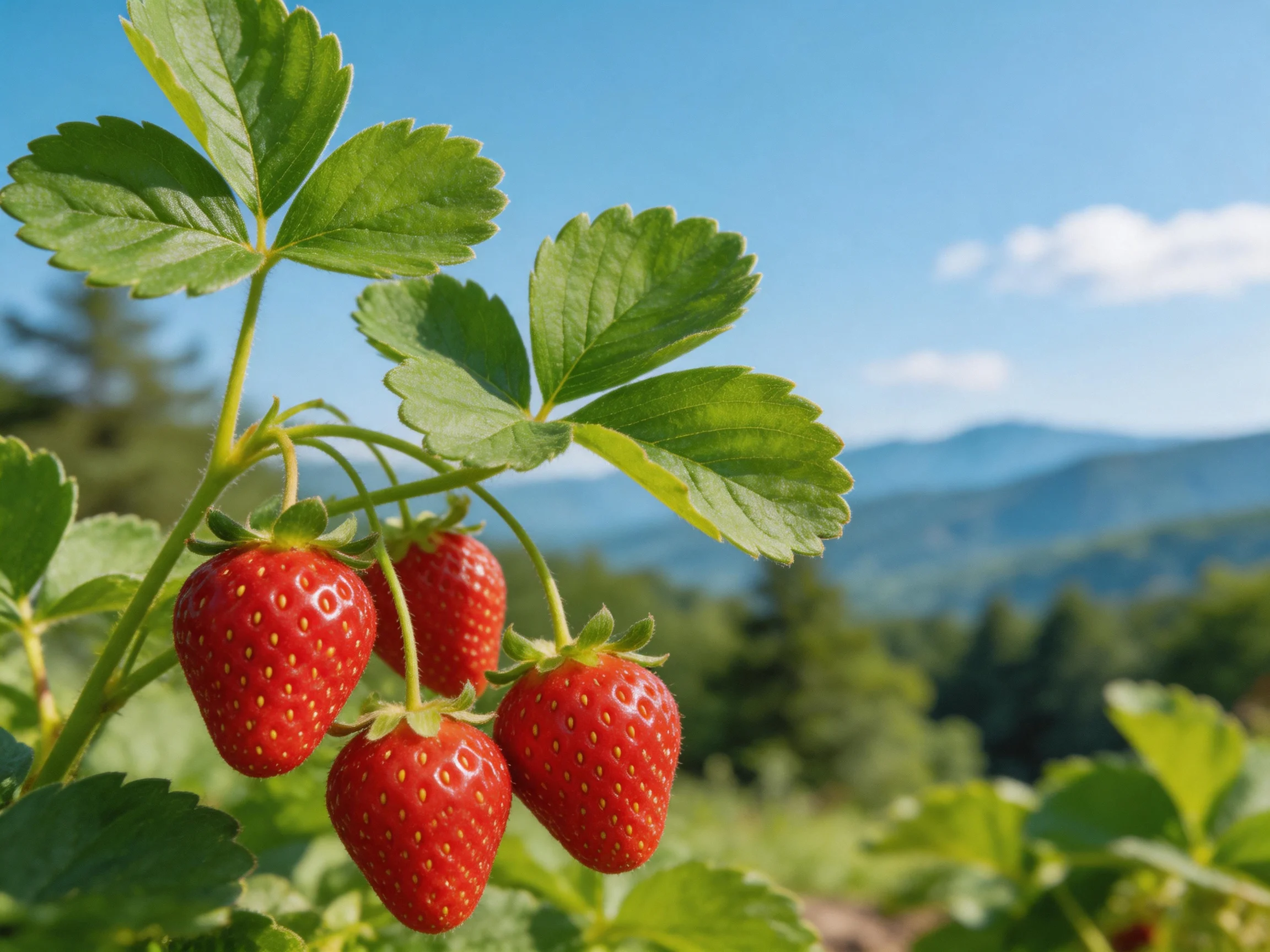 Five ripe red strawberries hang from lush green foliage near mountainous terrain