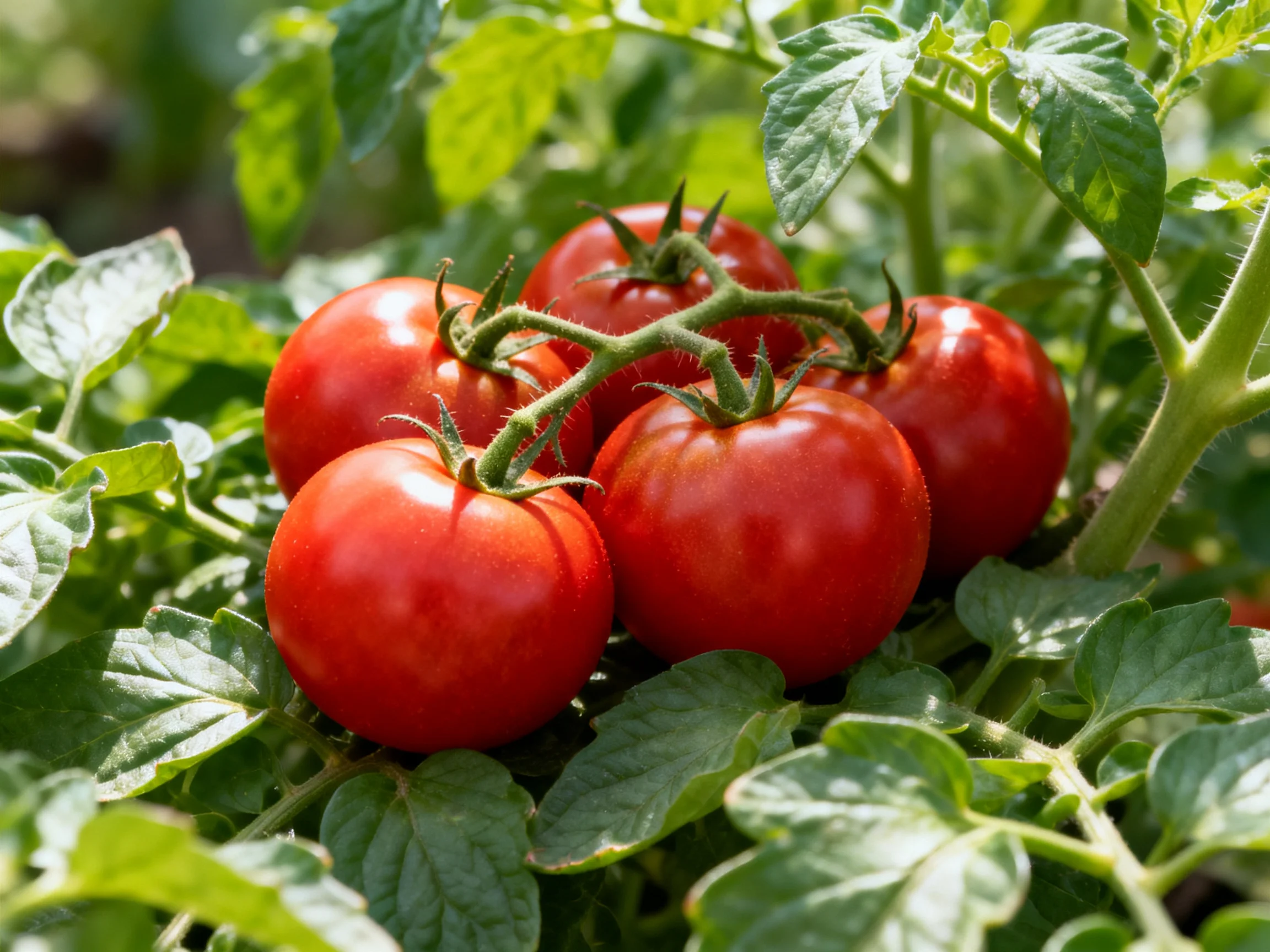 Five ripe red tomatoes clustered among lush green foliage.