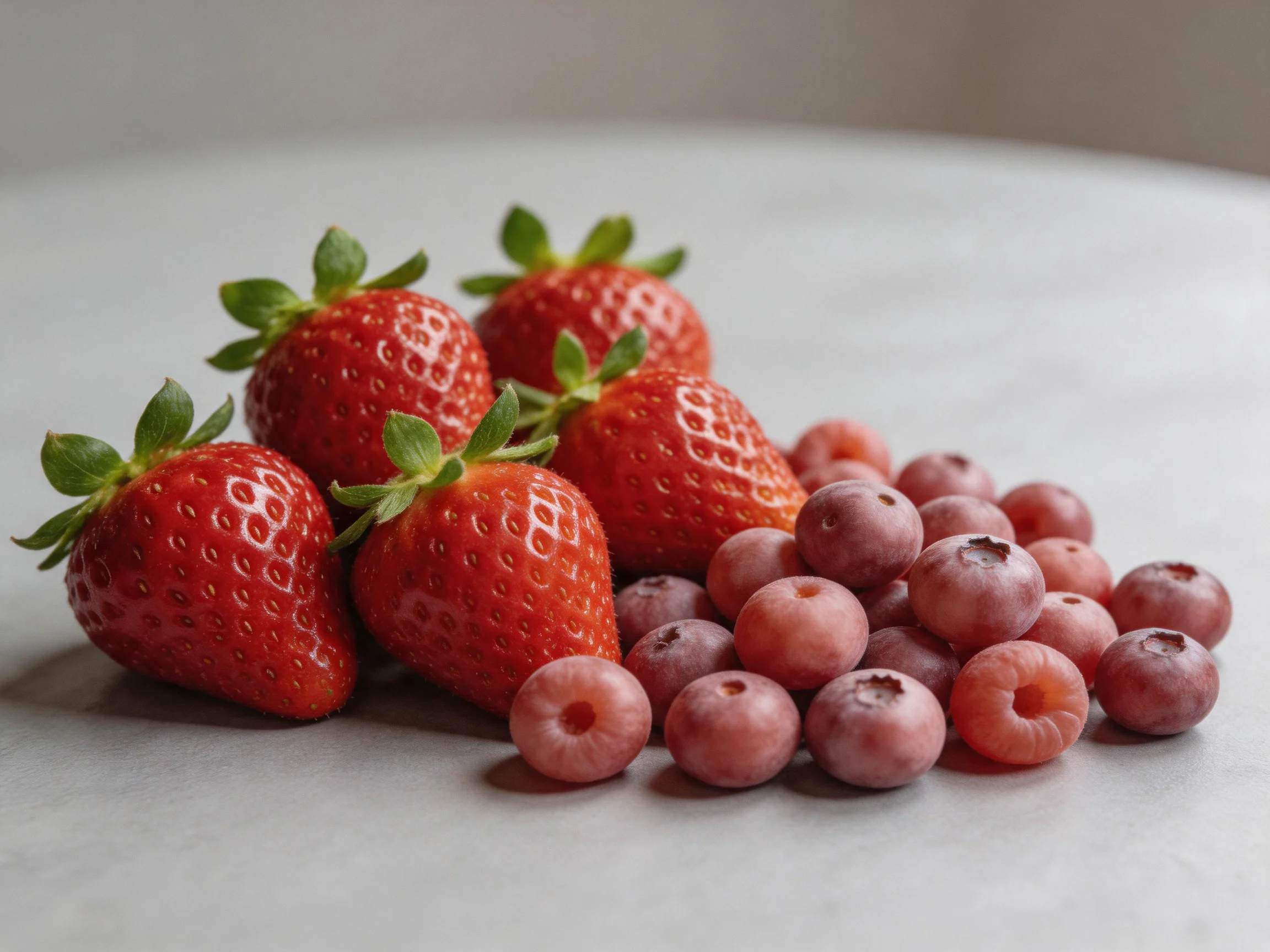 Five ripe strawberries and assorted pink-purple berries on a smooth surface