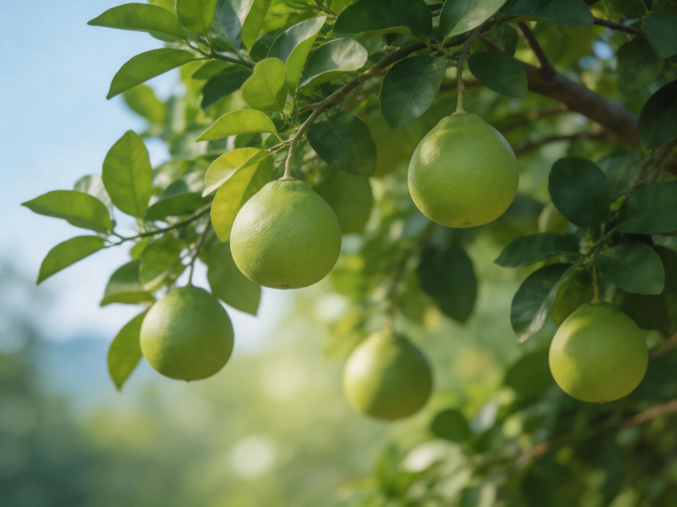 Five round green citrus fruits hang from a leafy tree branch