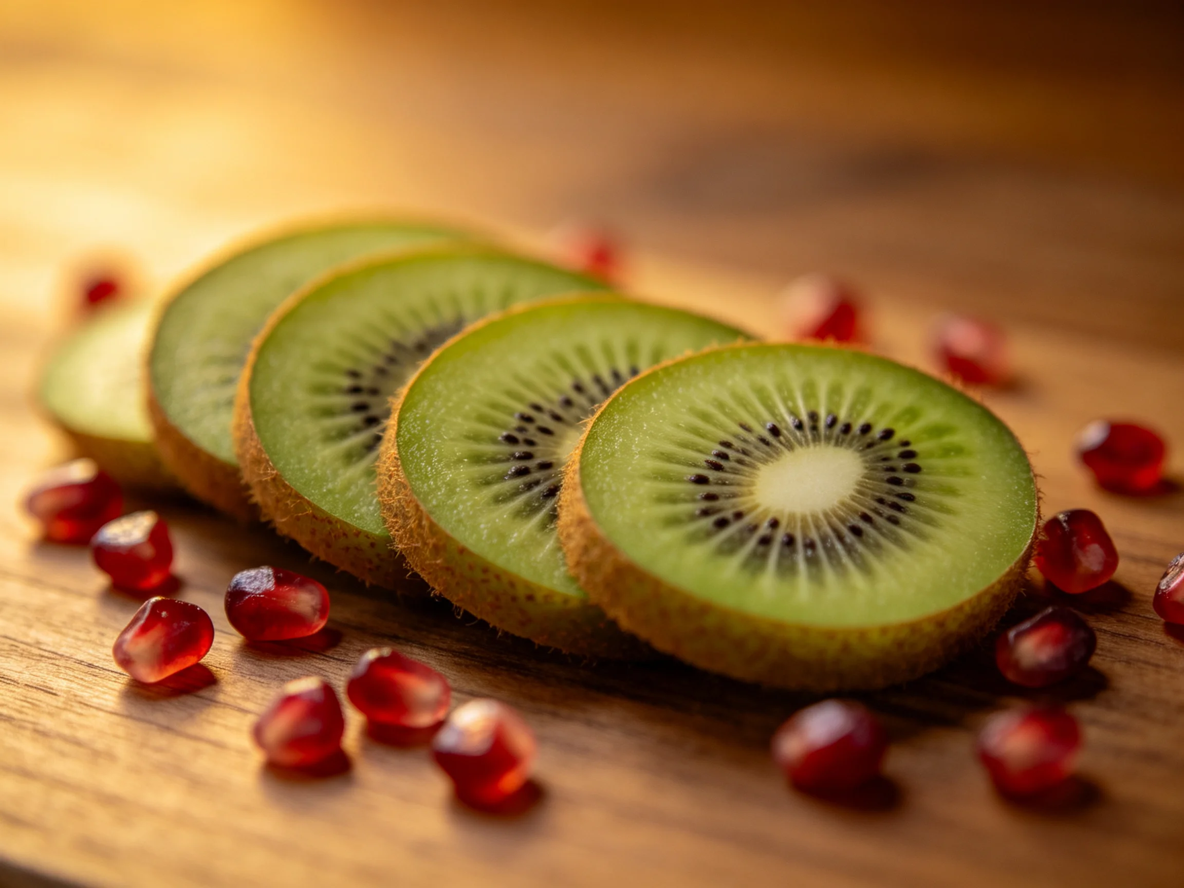 Five sliced green kiwis with scattered red pomegranate seeds on wood
