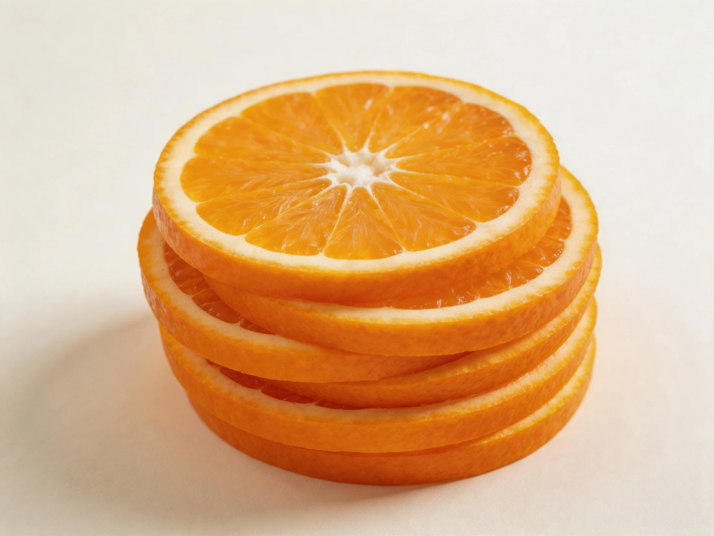 Five sliced orange citrus slices stacked in a neat formation