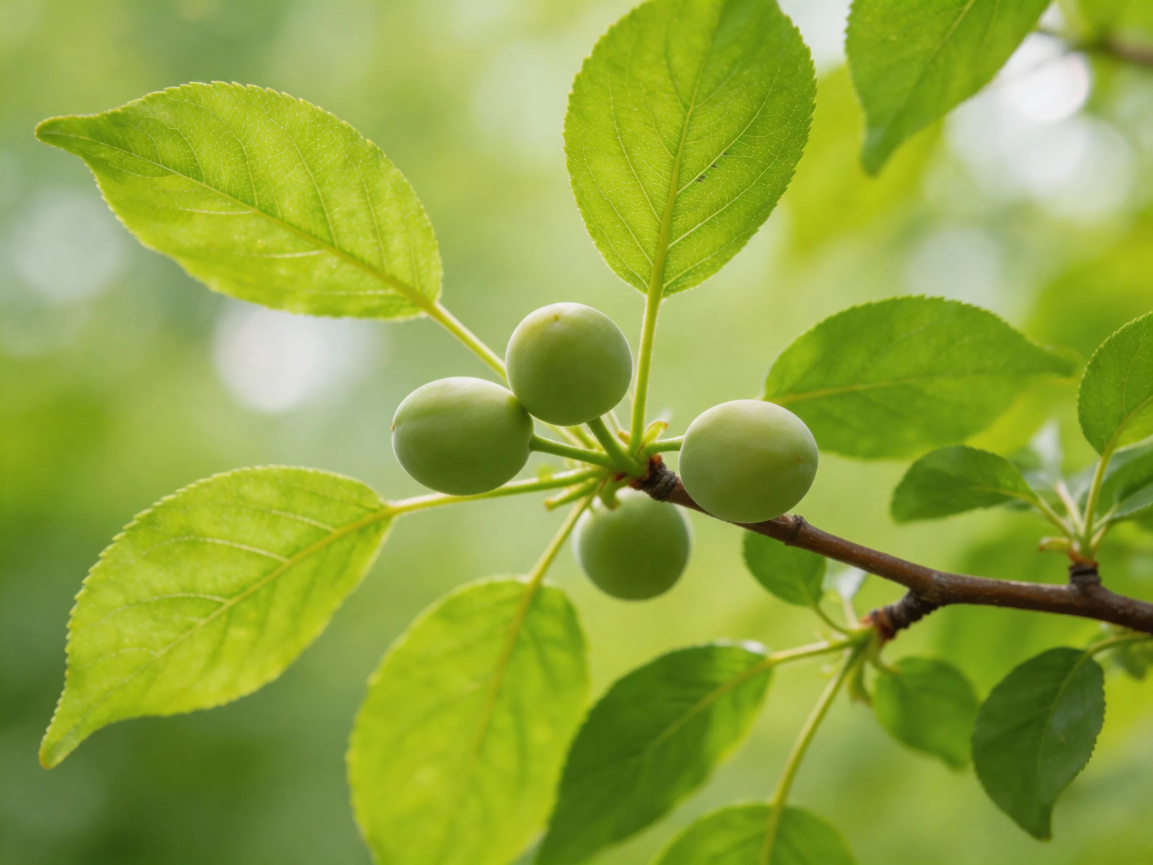 Five small green fruits grow on a brown branch with vibrant leaves