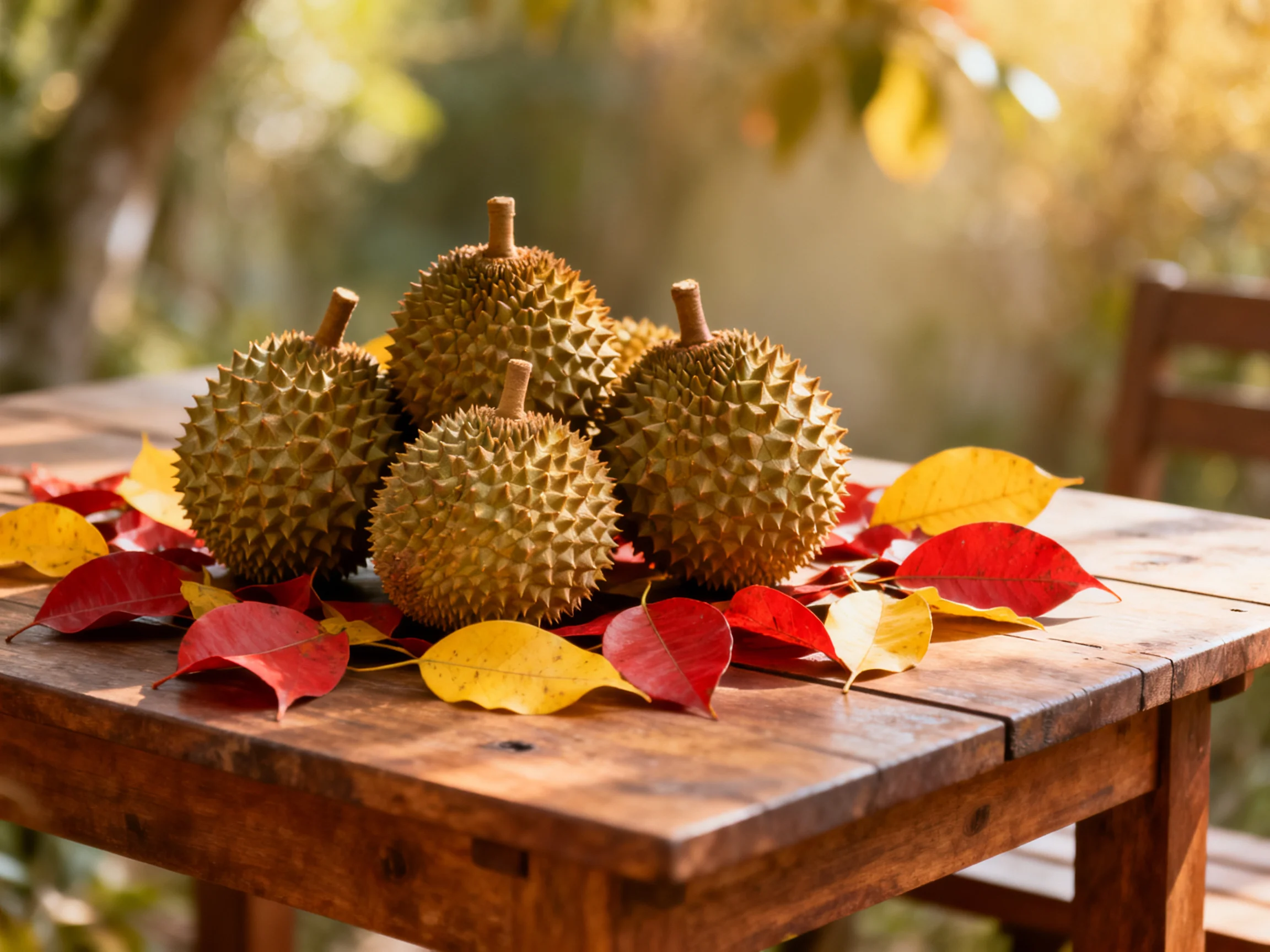 Five spiky durians rest on a wooden table amid colorful autumn leaves