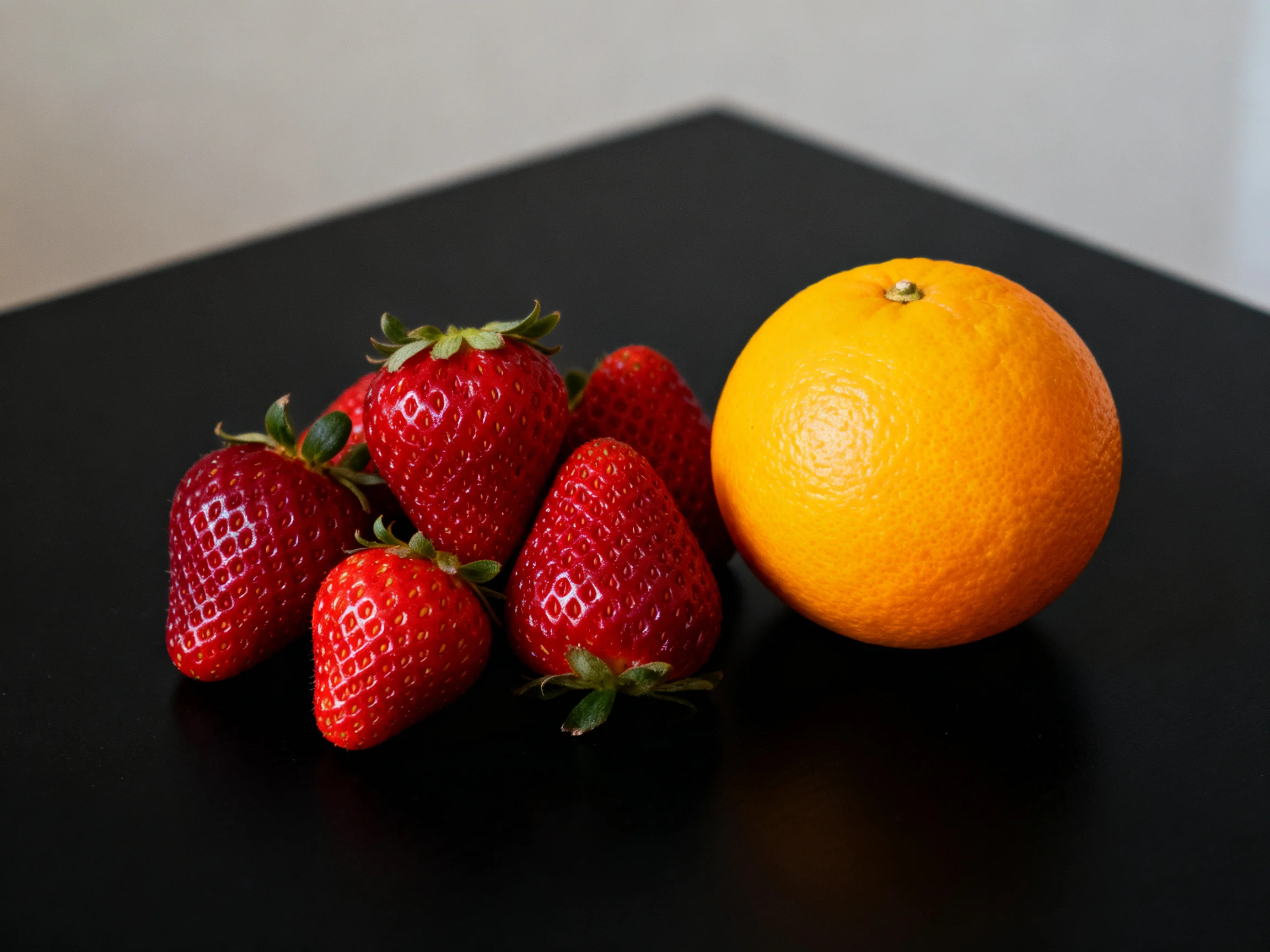 Five strawberries and one orange arranged on a black surface