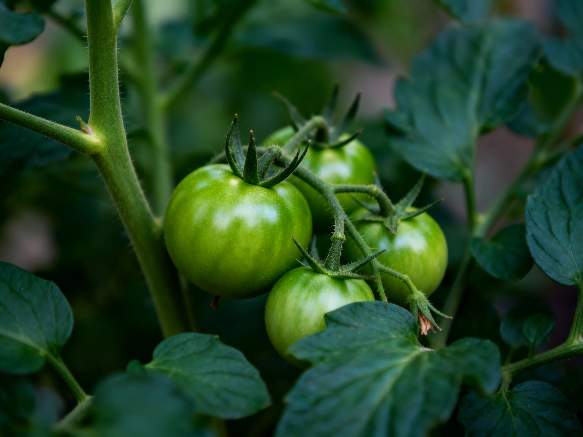 Five unripe green tomatoes cluster among thick, dark-green leaves