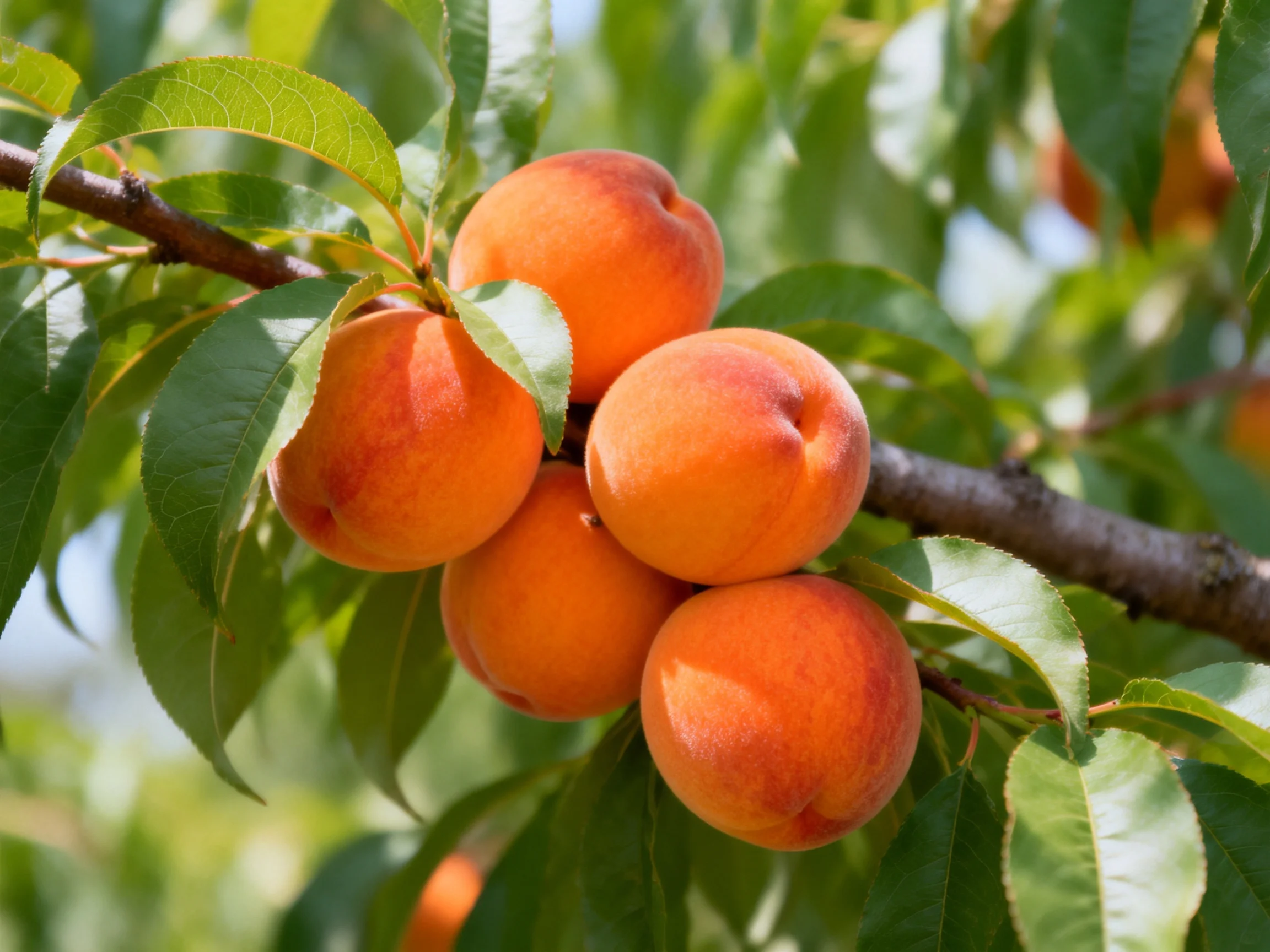 Five vibrant apricots cluster on a tree branch surrounded by glossy green foliage