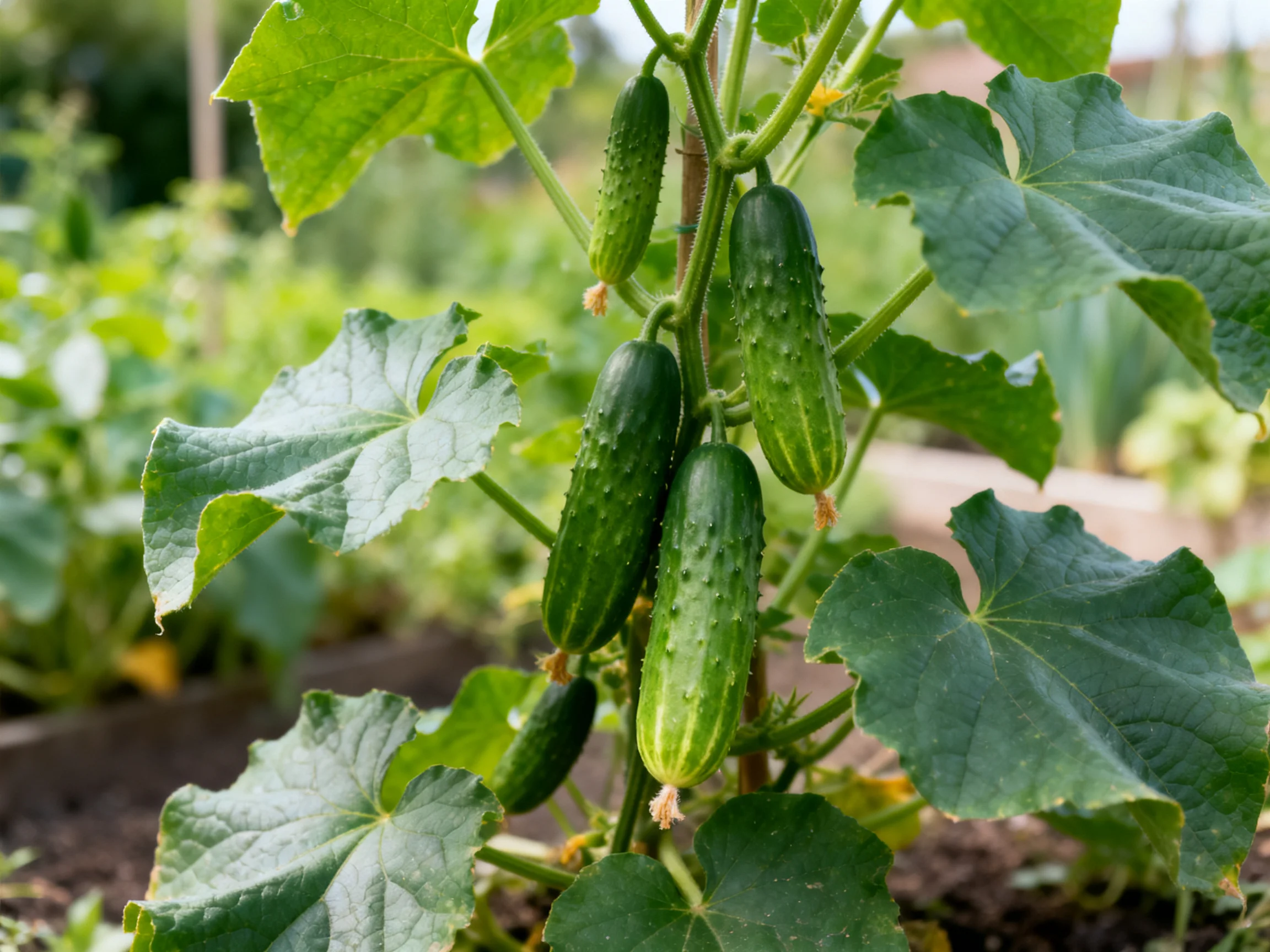 Five vibrant cucumbers hang from a lush green plant in a sunlit garden