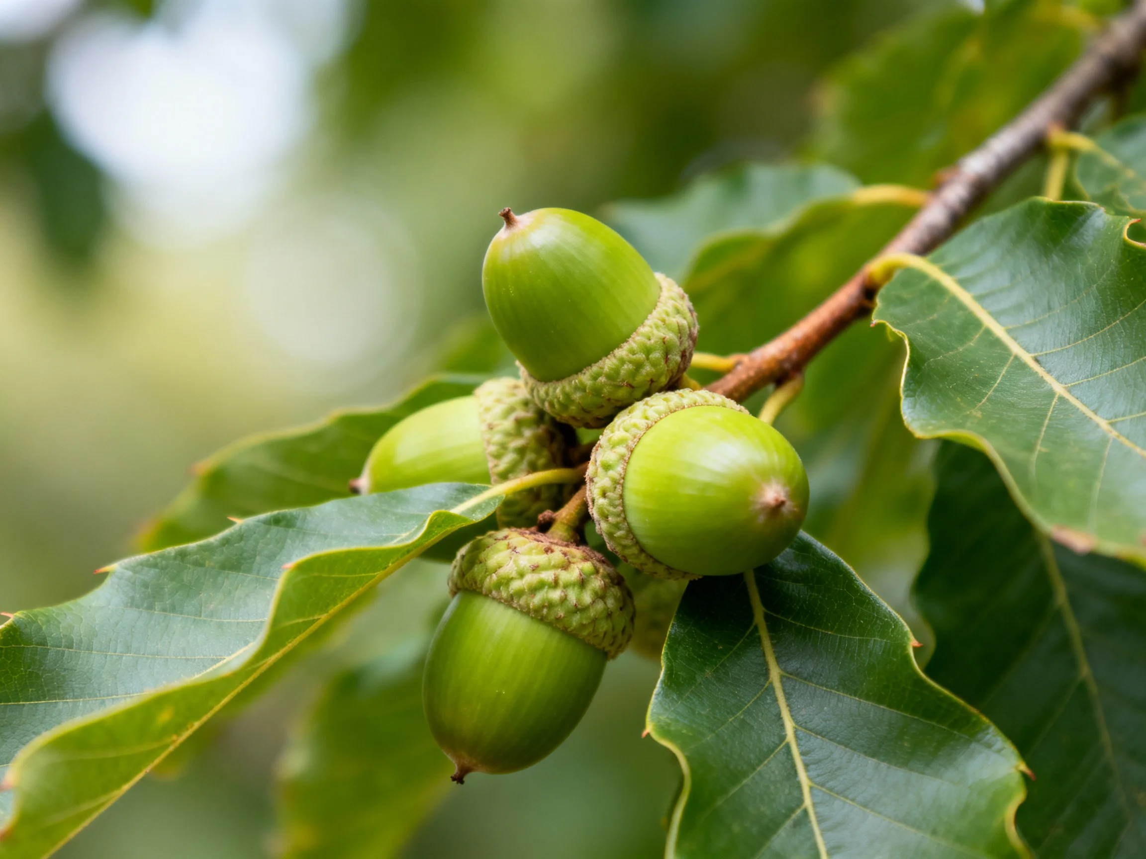 Five vibrant green acorns cluster on a brown tree branch