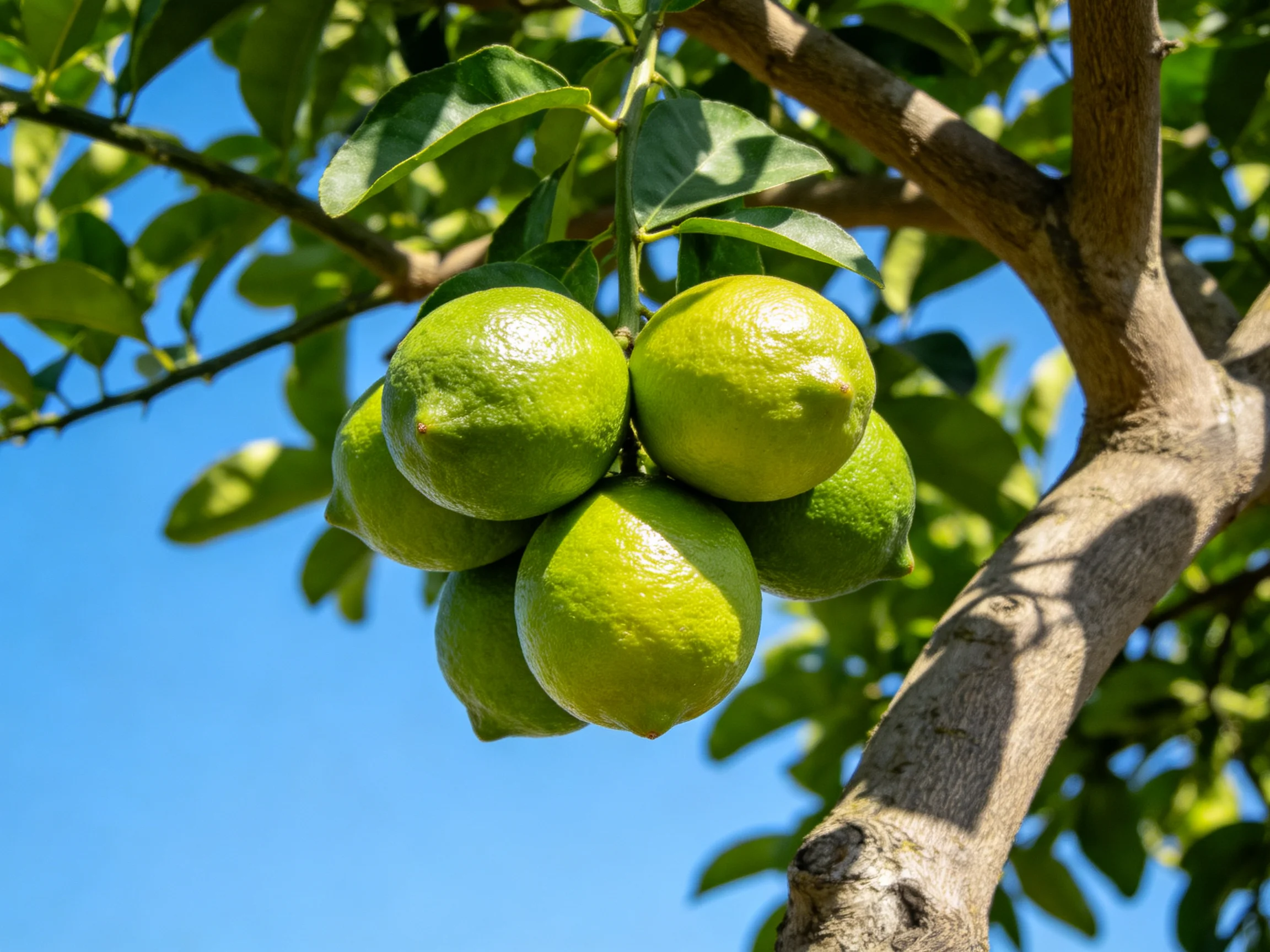Five vibrant green limes cluster on a sturdy citrus tree against a clear blue sky