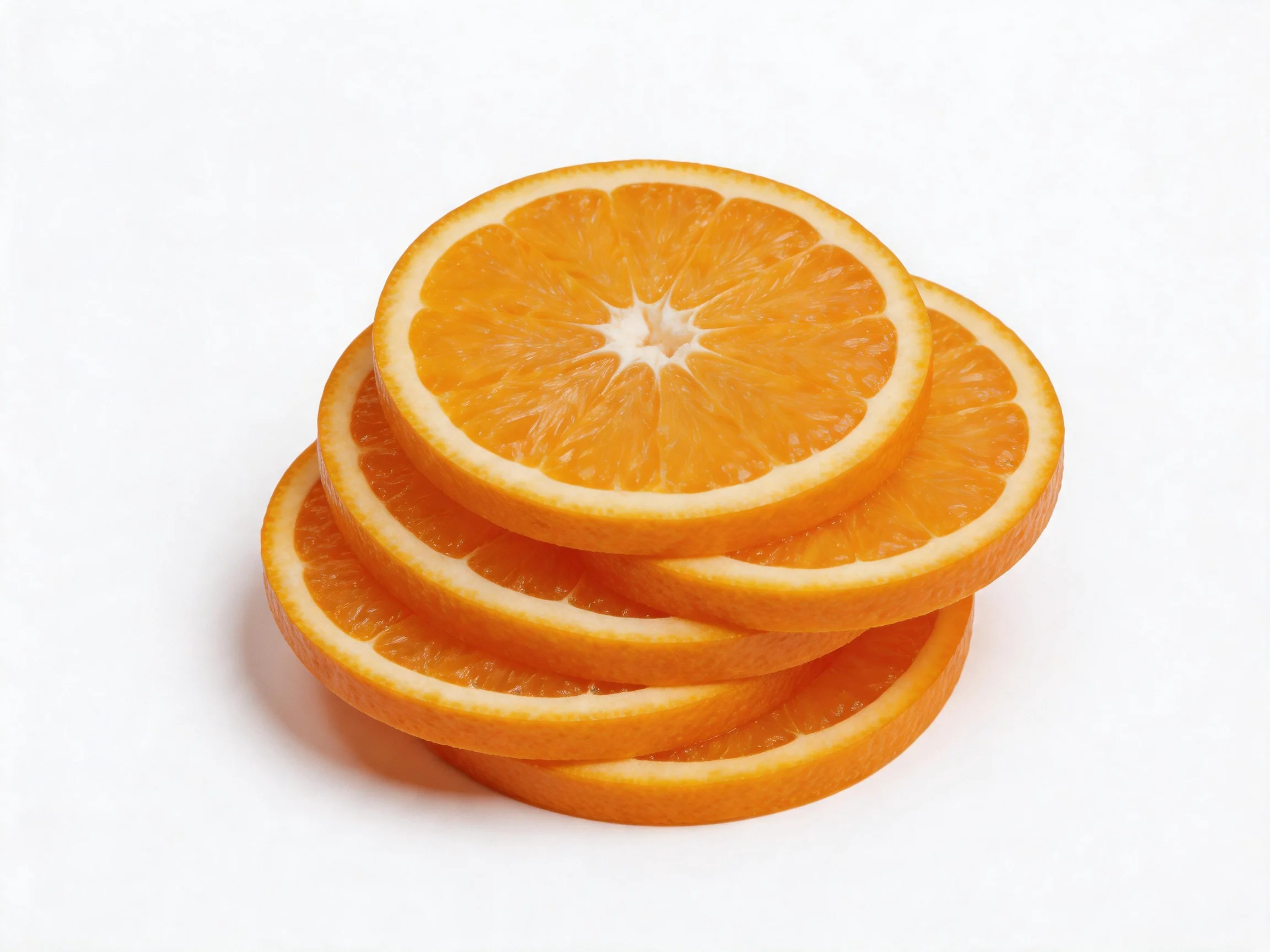 Five vibrant orange citrus fruit slices stacked on white