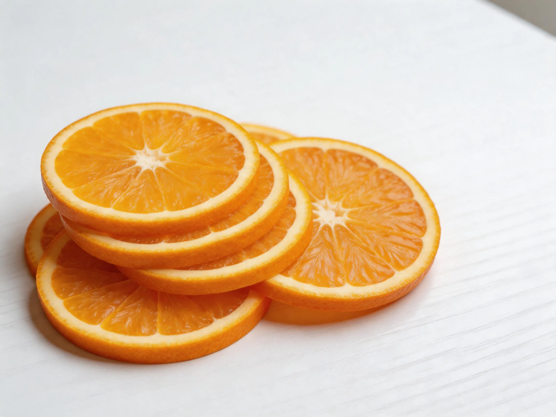 Five vibrant orange citrus slices arranged on a white surface