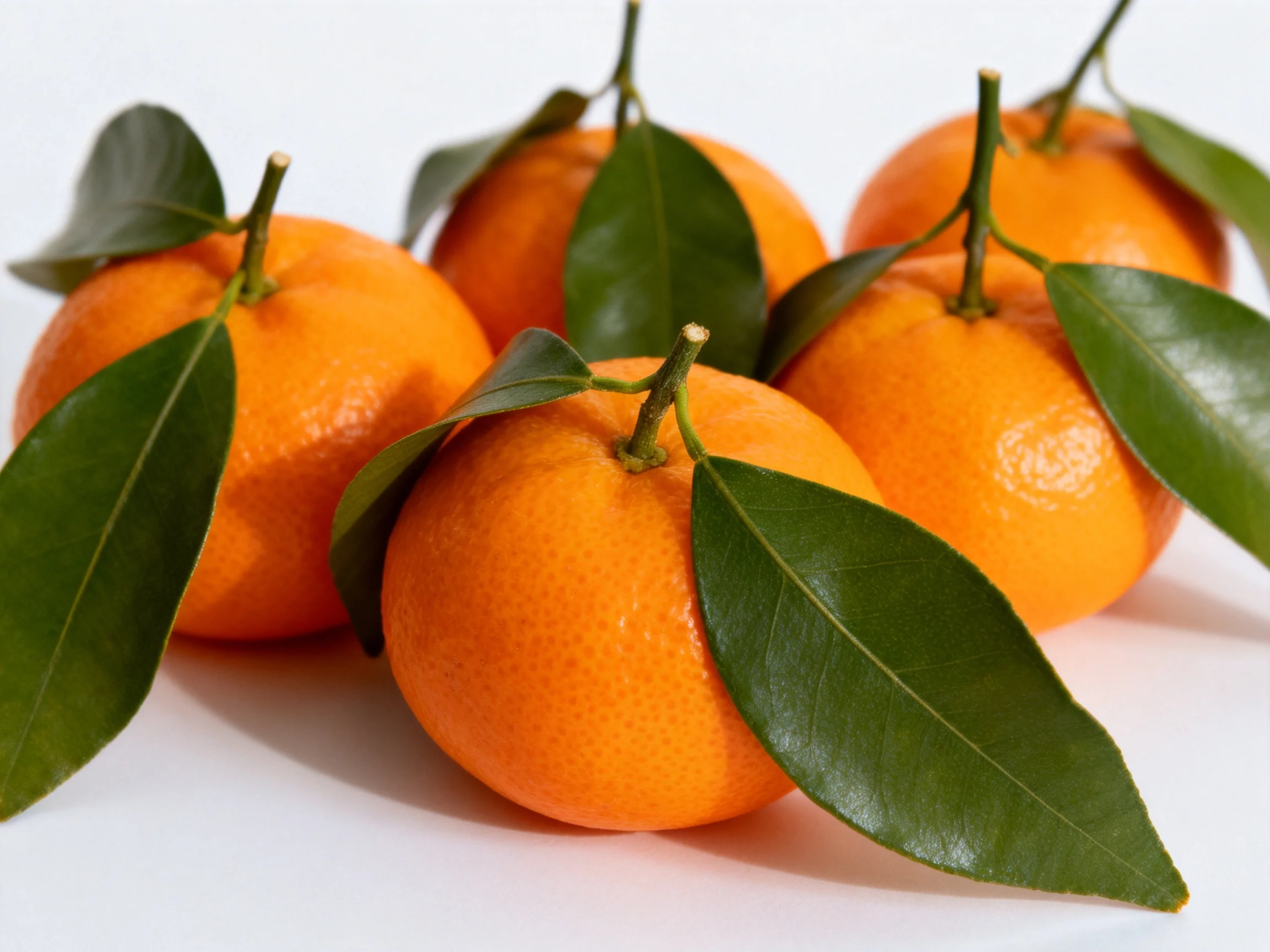 Five vibrant orange tangerines with fresh green leaves clustered on a white surface