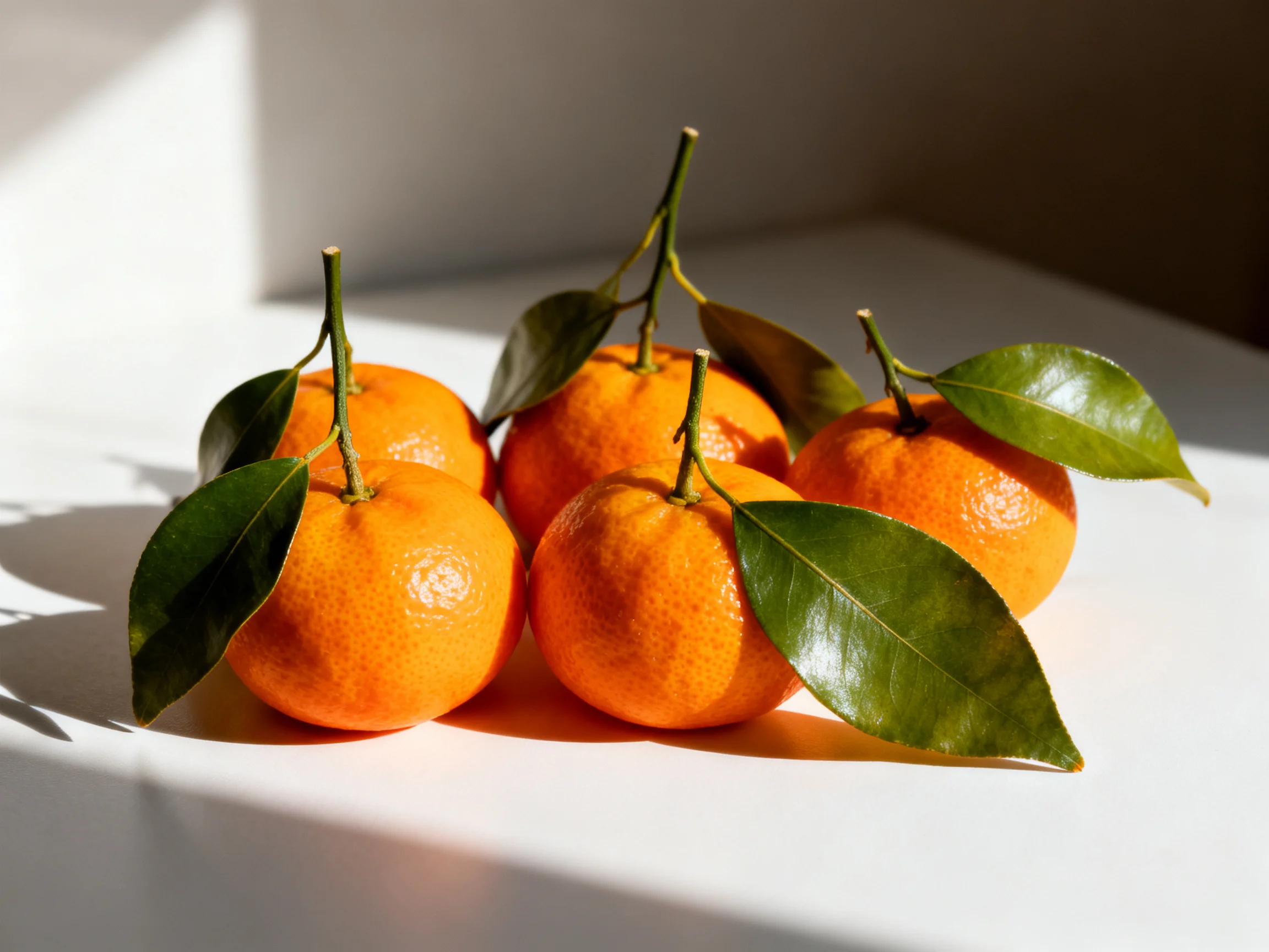 Five vibrant orange tangerines with glossy green leaves arranged on a white surface