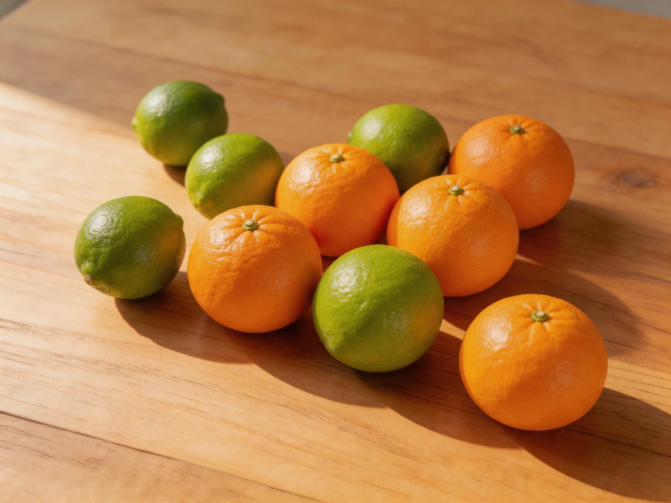 Five vibrant oranges and four glossy limes displayed on a wooden surface.
