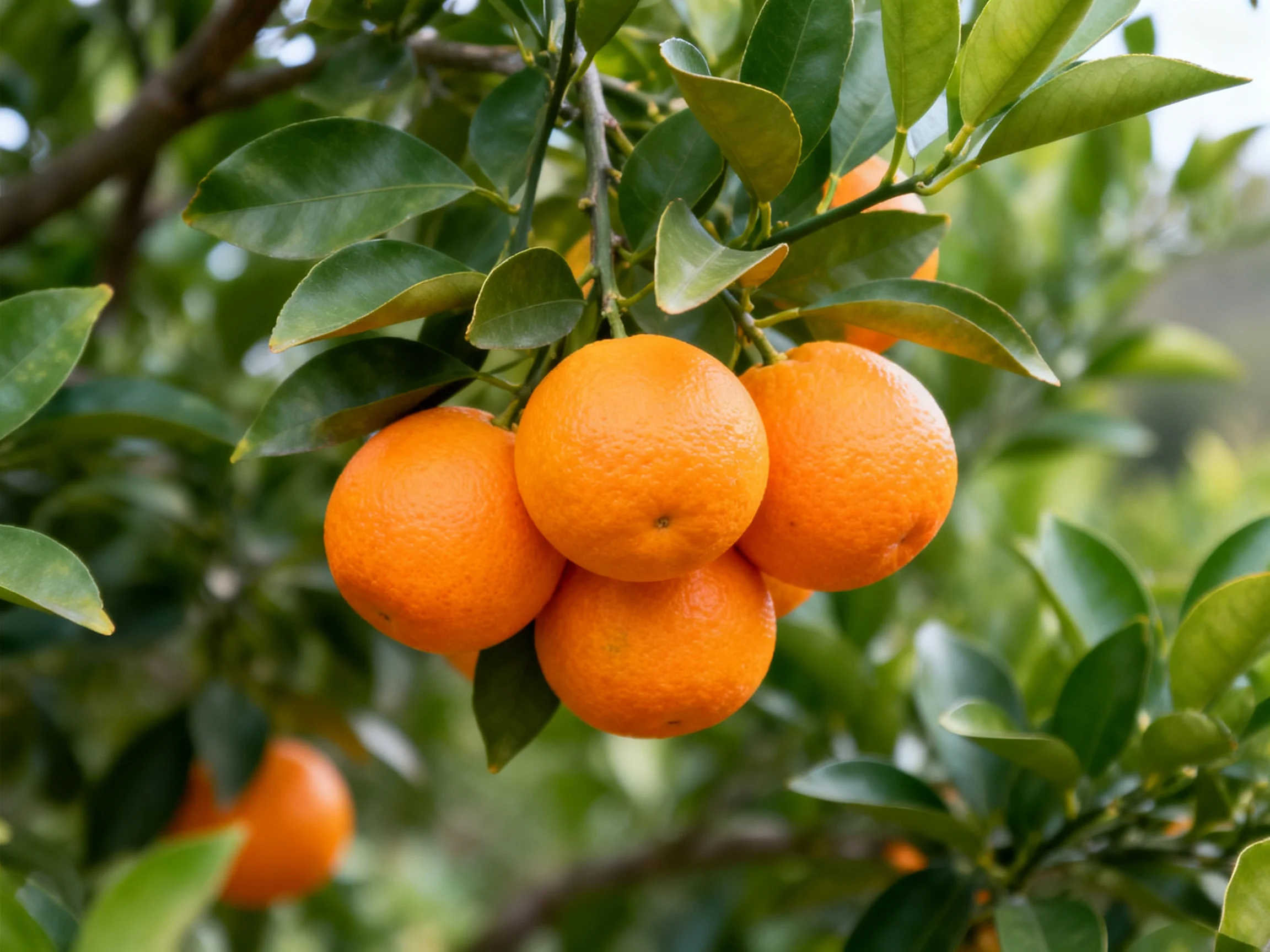 Five vibrant oranges cluster among lush green citrus tree leaves