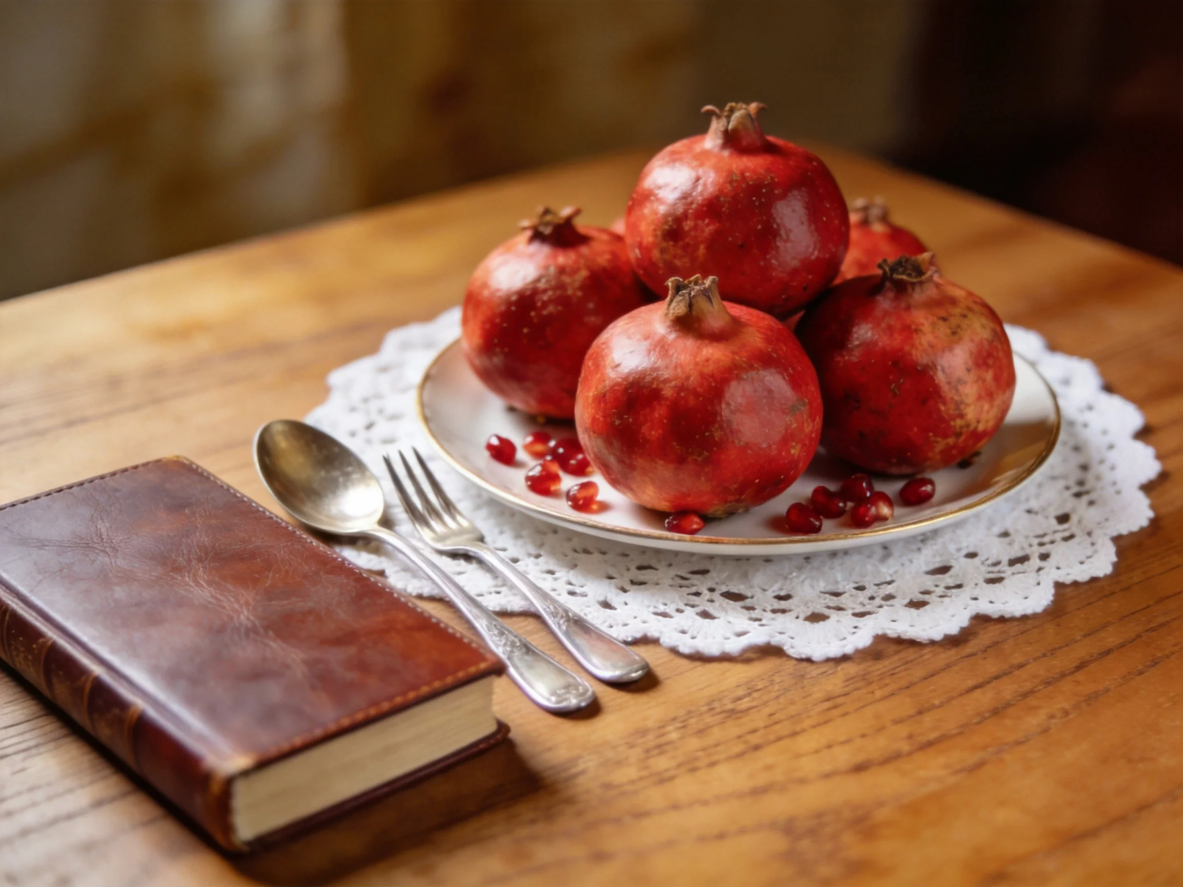 Five vibrant pomegranates on a lace doily beside a leather-bound book