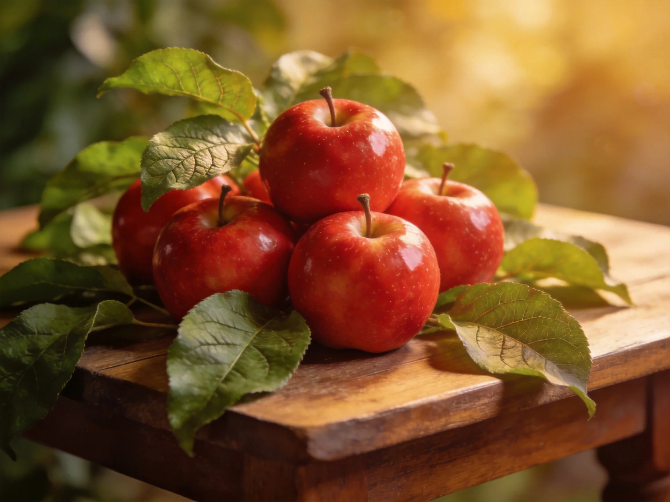 Five vibrant red apples arranged on a rustic wooden surface with green foliage