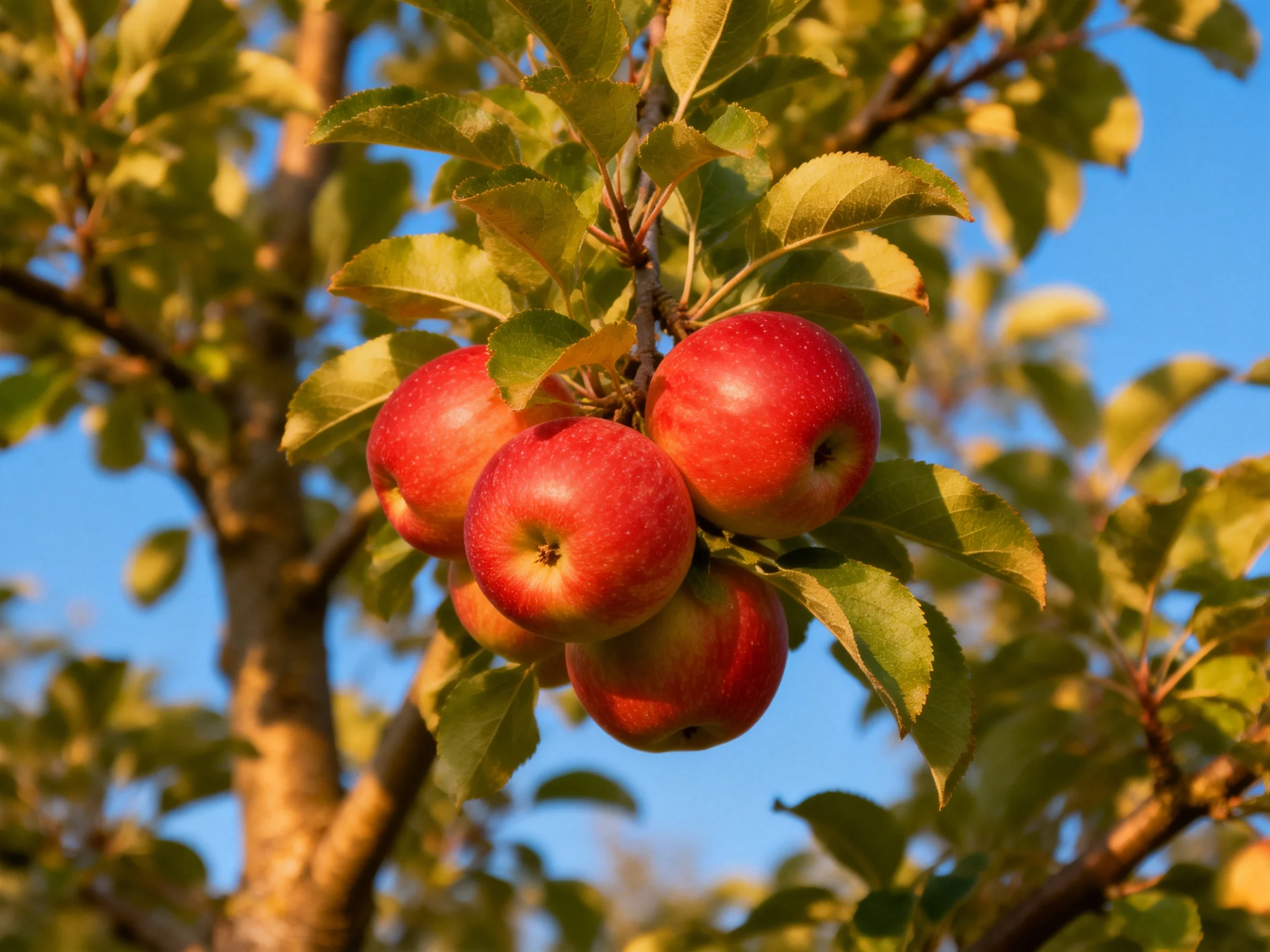 Five vibrant red apples cluster on a leafy apple tree branch