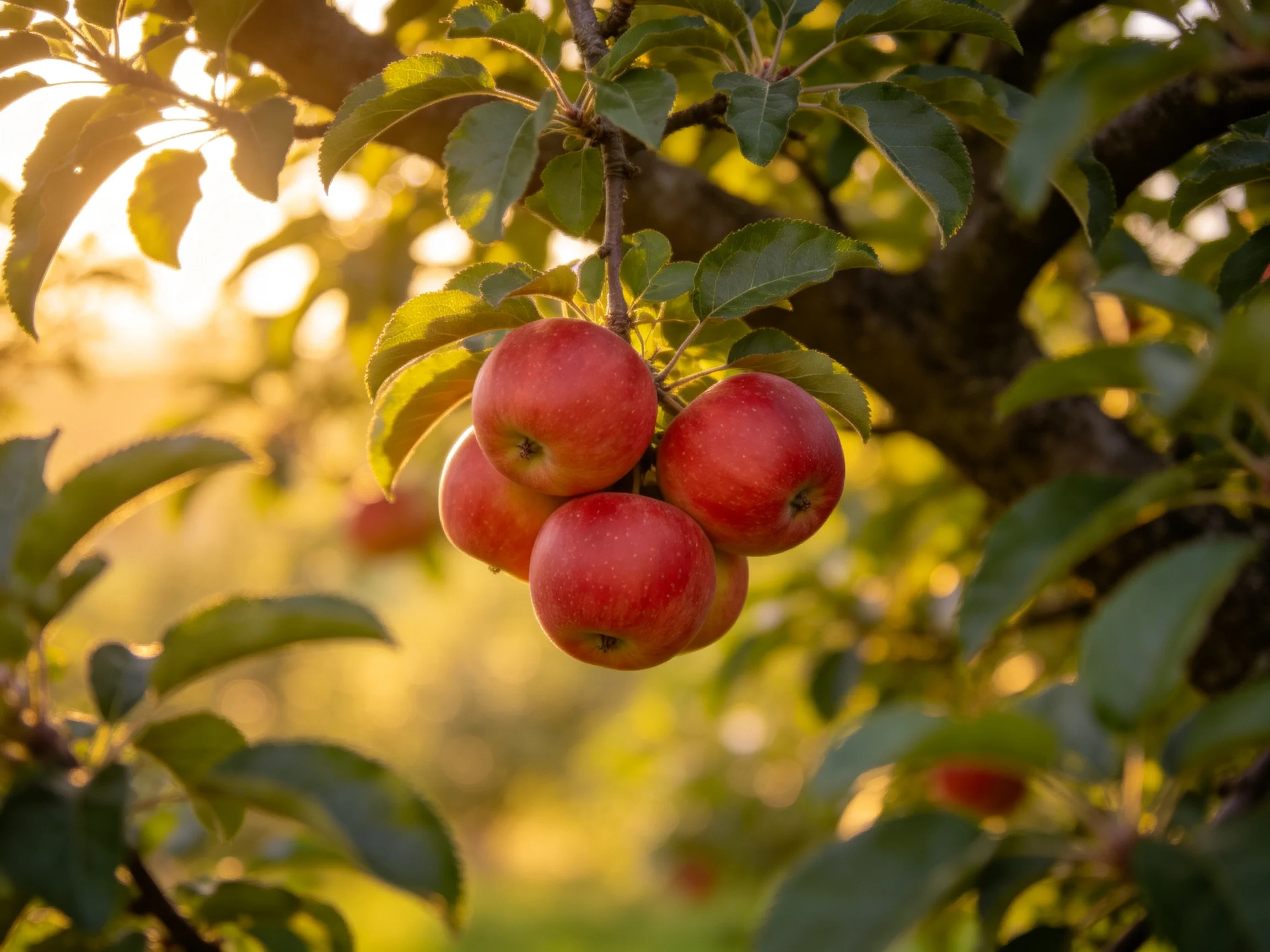 Five vibrant red apples cluster on a sun-drenched apple tree branch