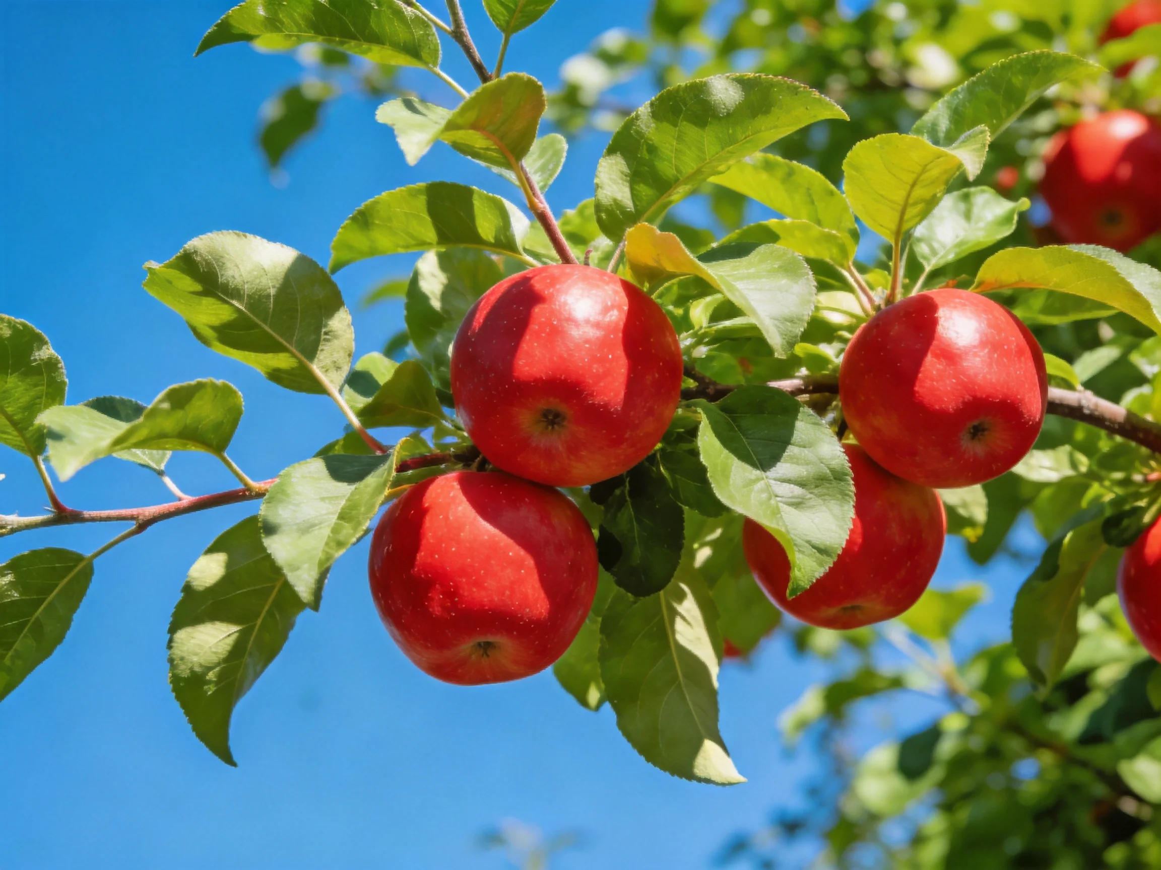 Five vibrant red apples hang from a leafy apple tree against a clear blue sky