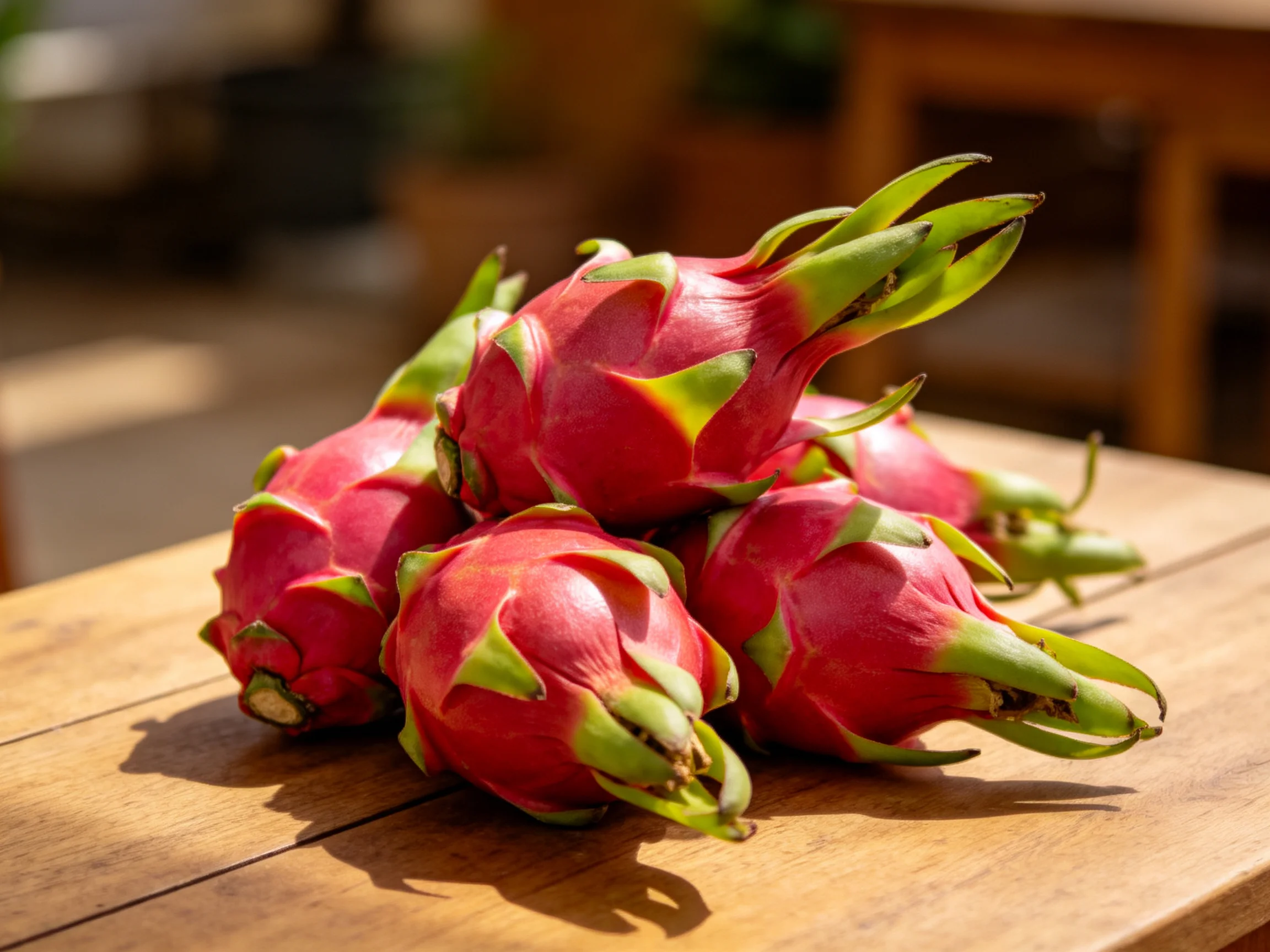 Five vibrant red dragon fruits stacked on a wooden table
