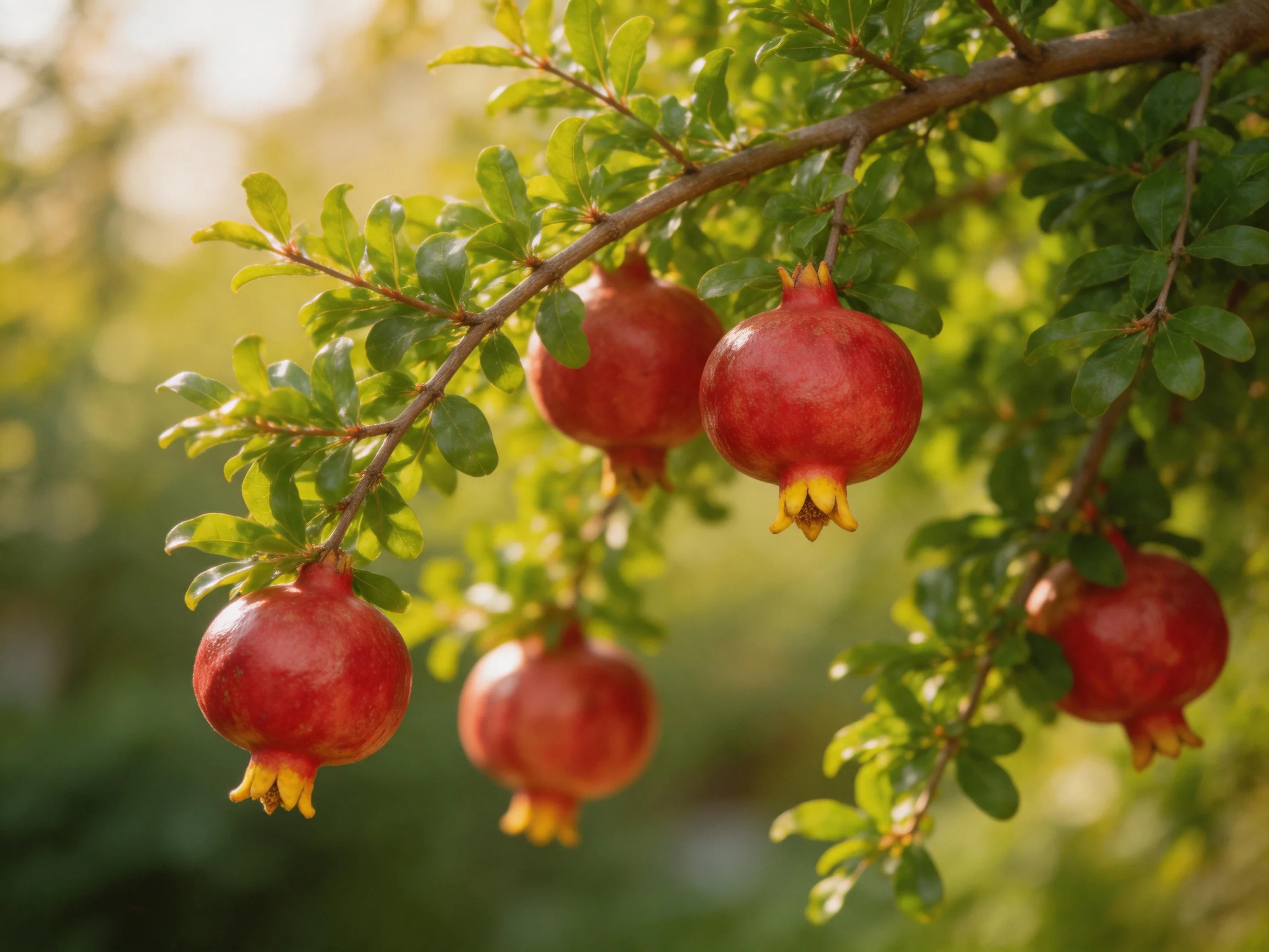 Five vibrant red pomegranates on a leafy branch