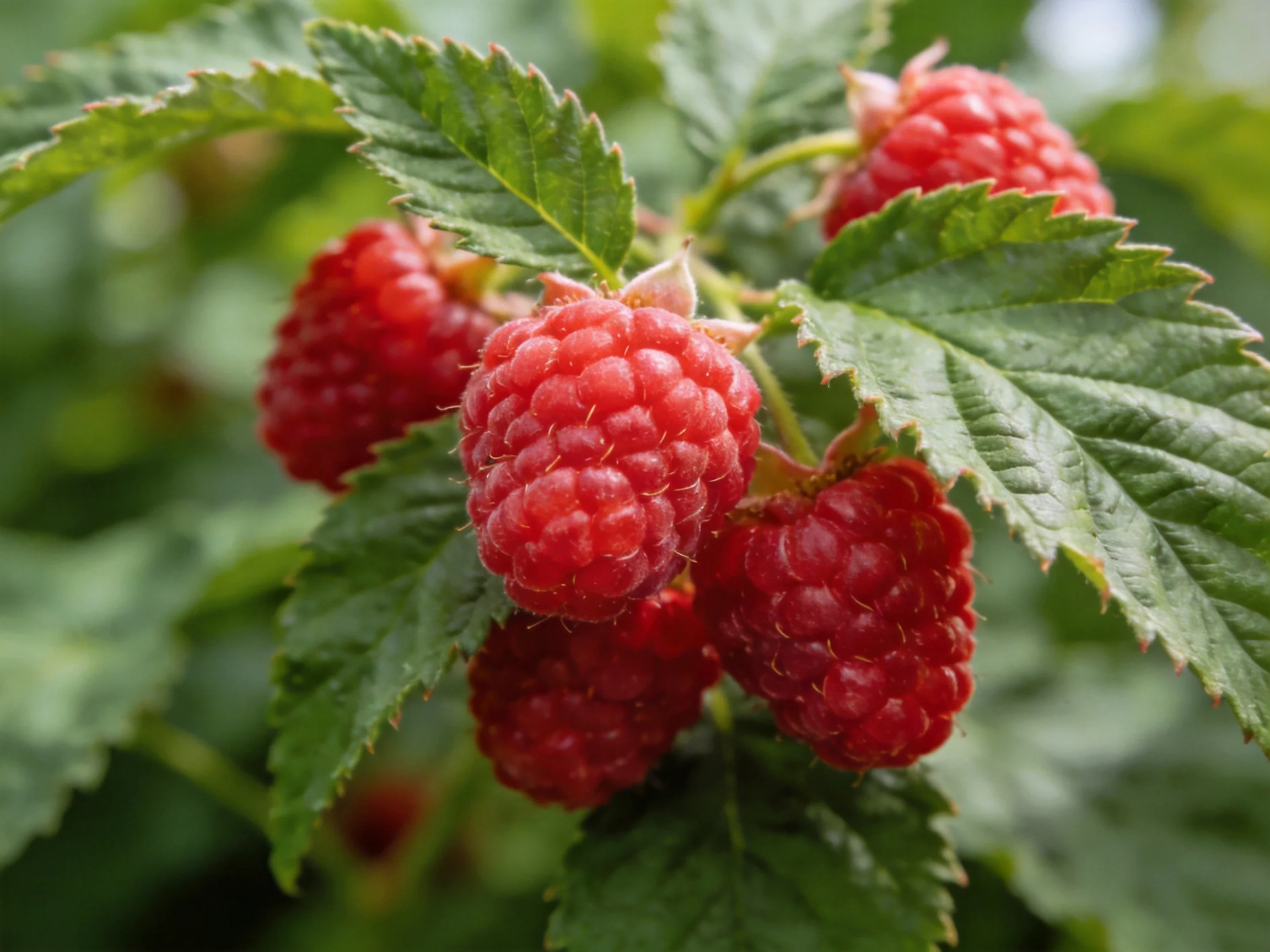 Five vibrant red raspberries clustered among lush green leaves