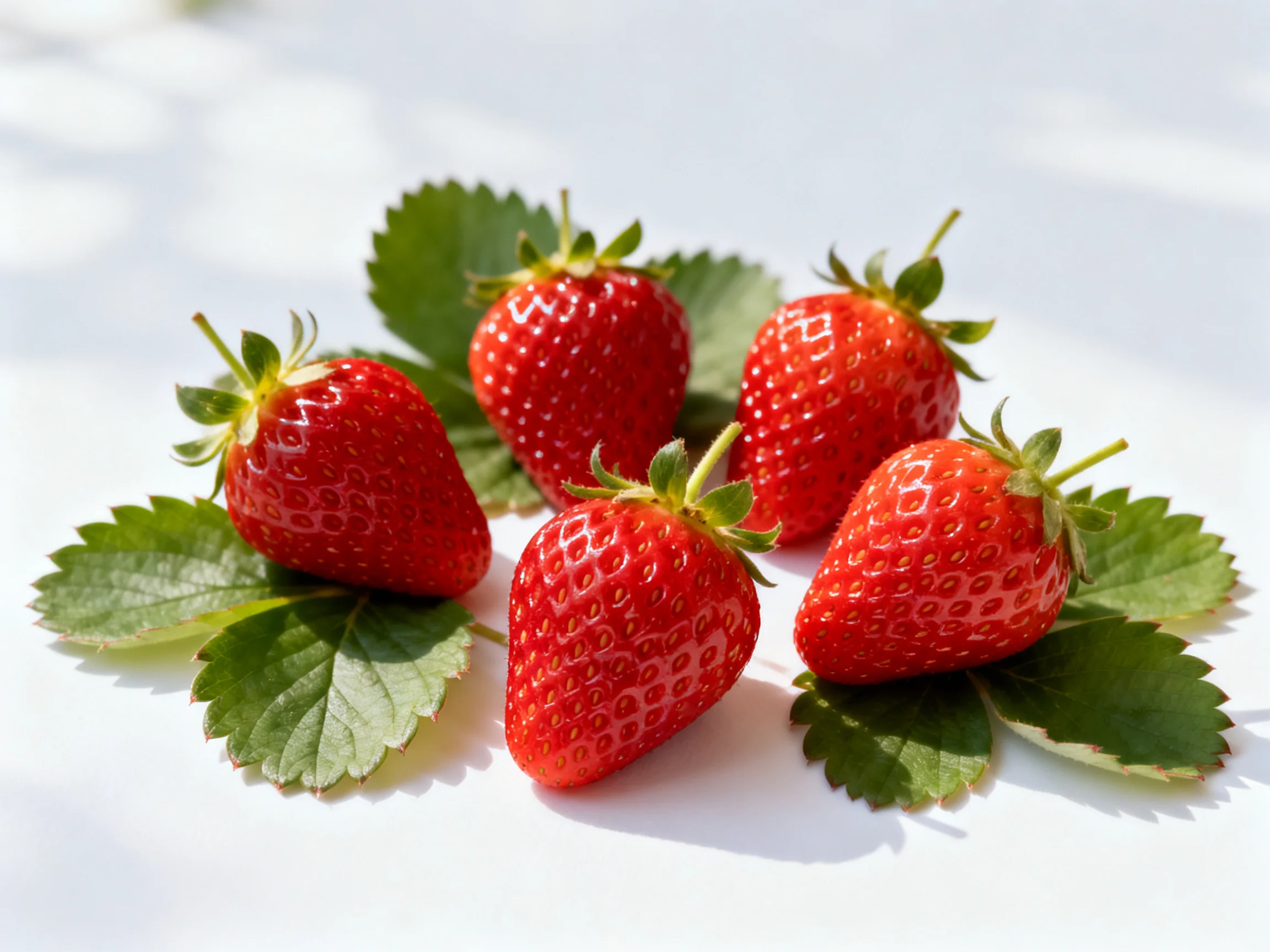 Five vibrant red strawberries arranged with green leaves