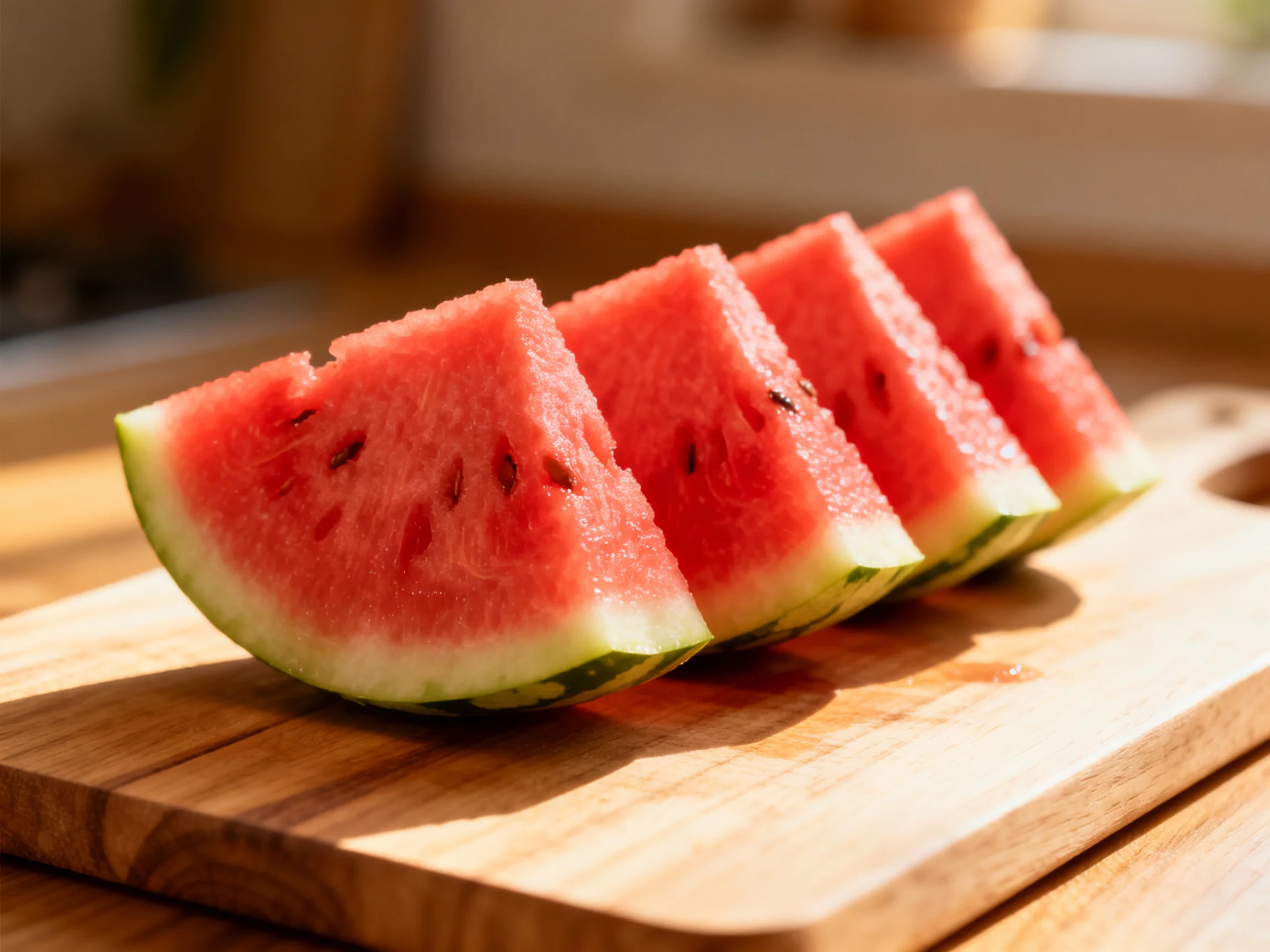 Five vibrant watermelon slices arranged on a wooden cutting board