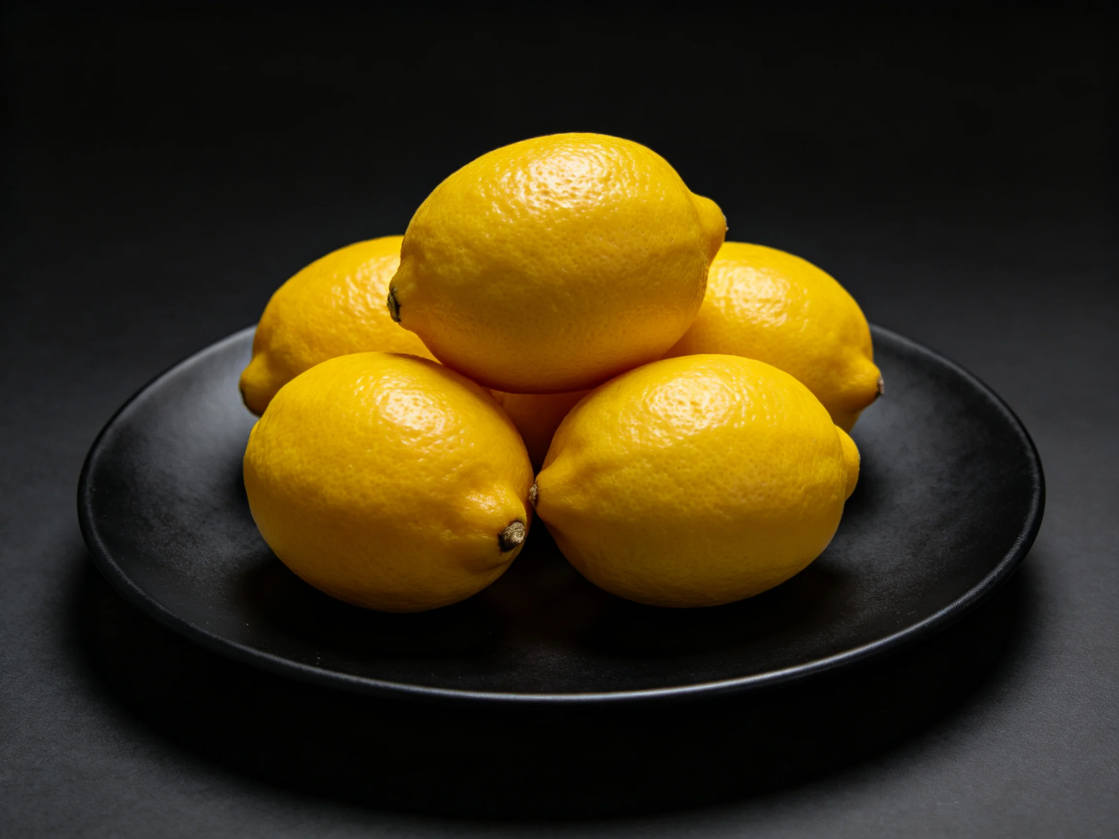 Five vibrant yellow lemons displayed on a glossy black plate