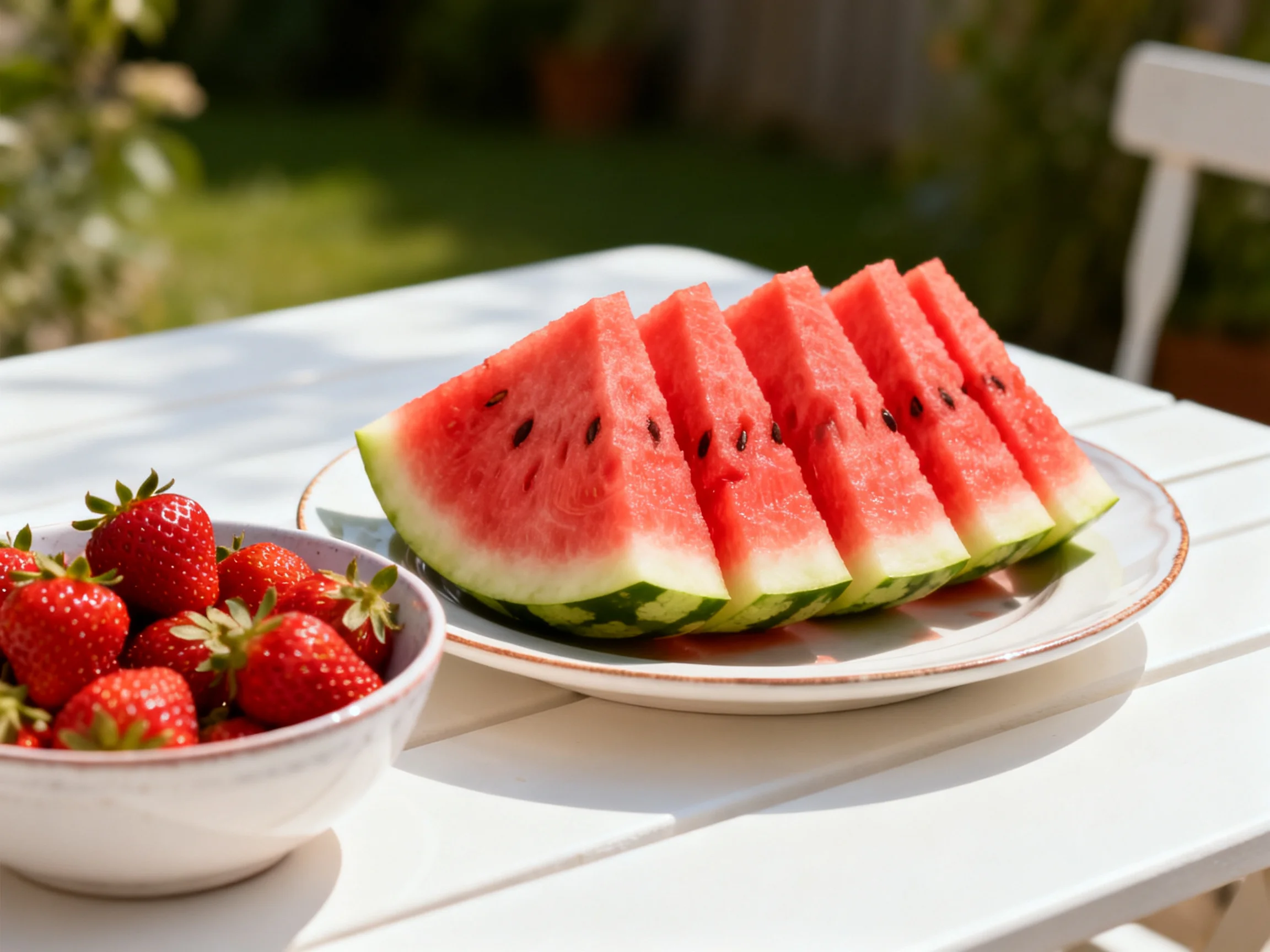 Five watermelon slices and a bowl of strawberries on a white outdoor table