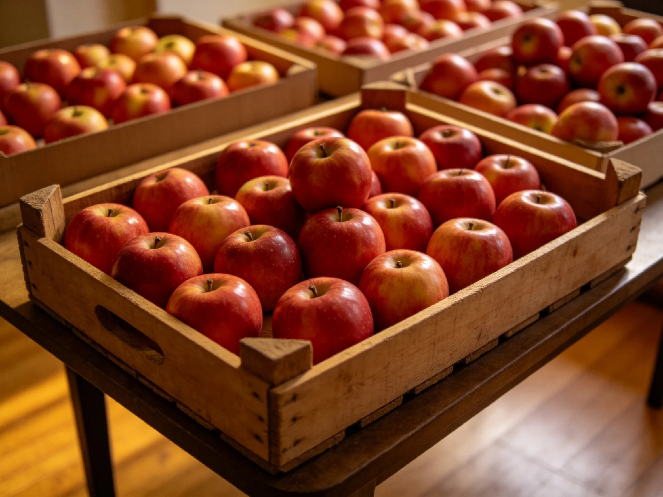 Five wooden crates brimming with red and golden apples