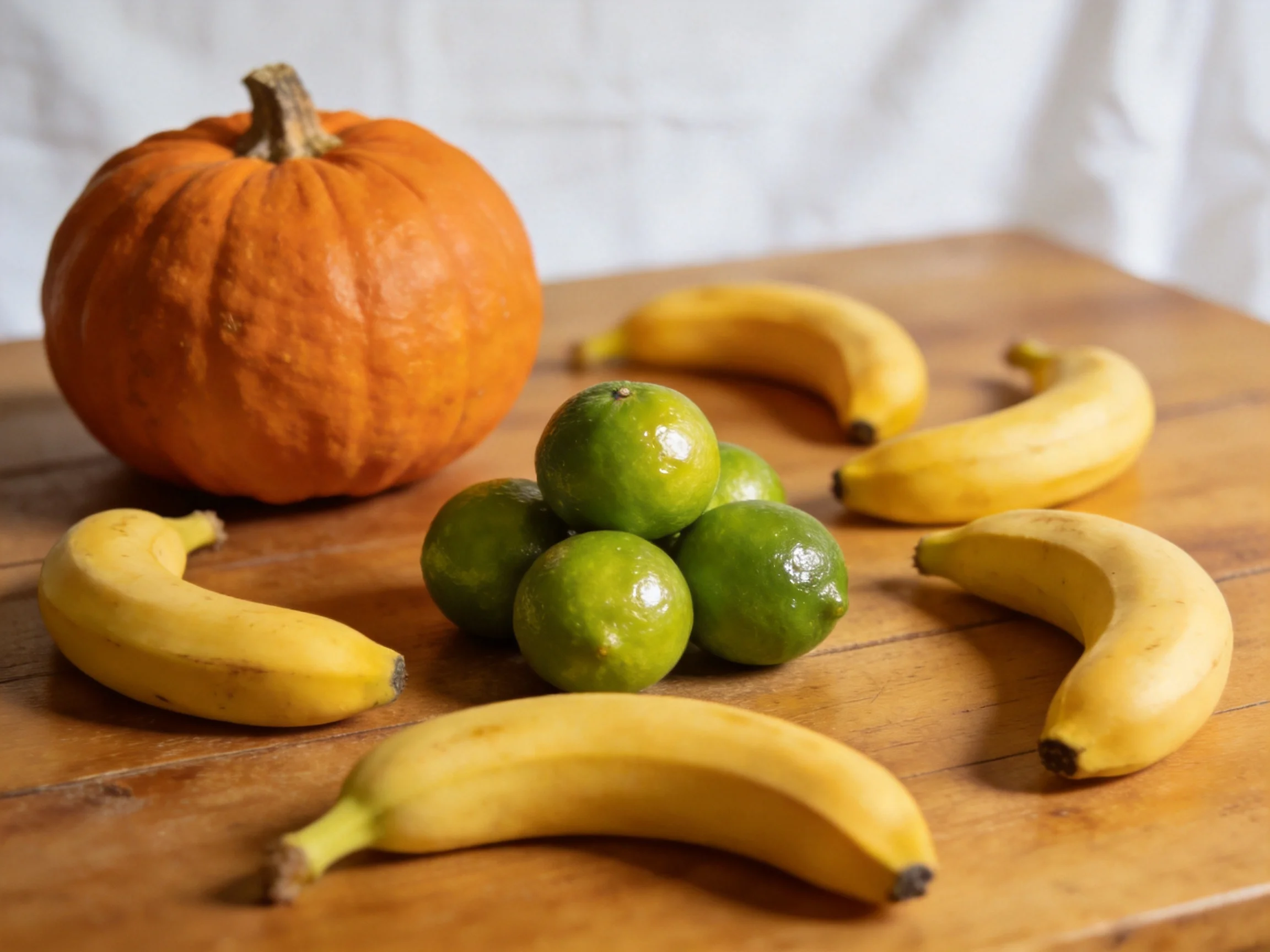 Five yellow bananas, a pumpkin, and green limes sit on a wooden table