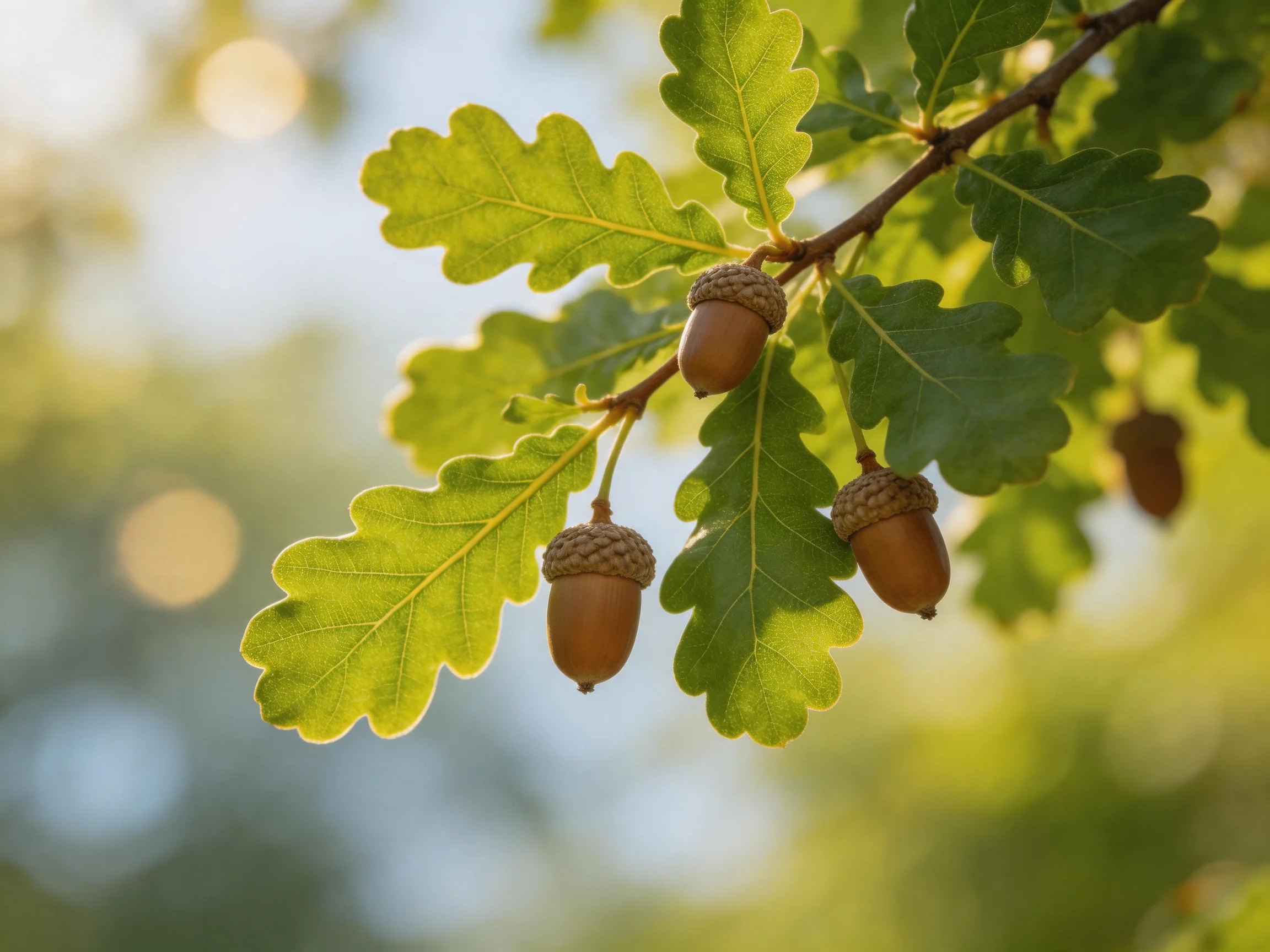 Four Acorns on an Oak Branch with Lush Green Foliage