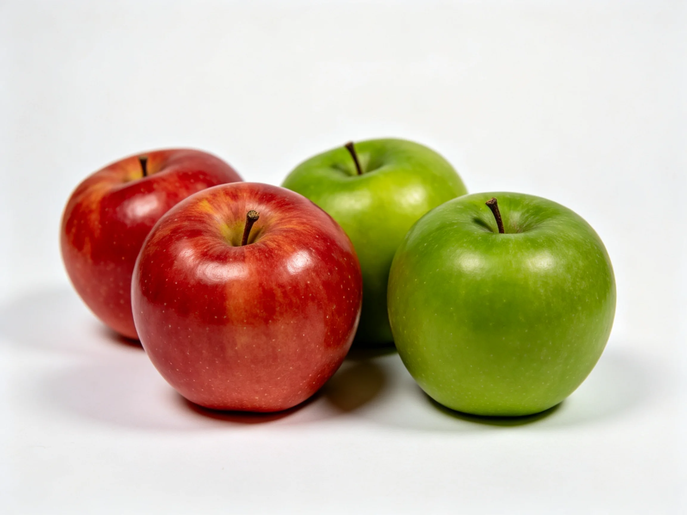 Four apples, two red and two green, arranged on a white surface