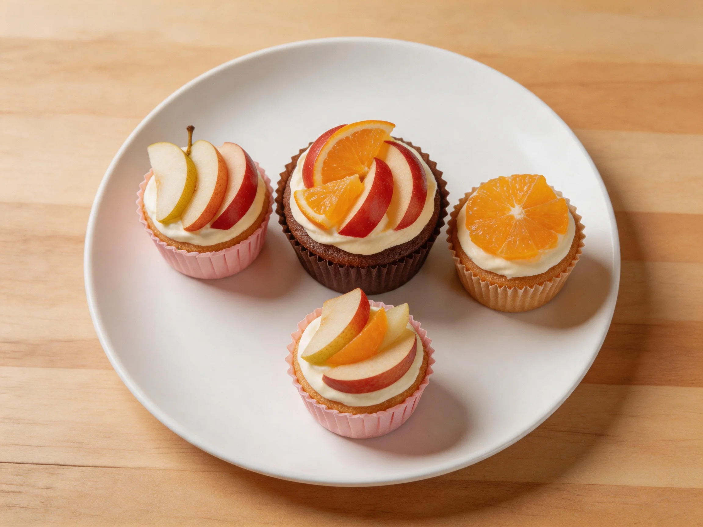 Four assorted cupcakes with fruit toppings on a white plate