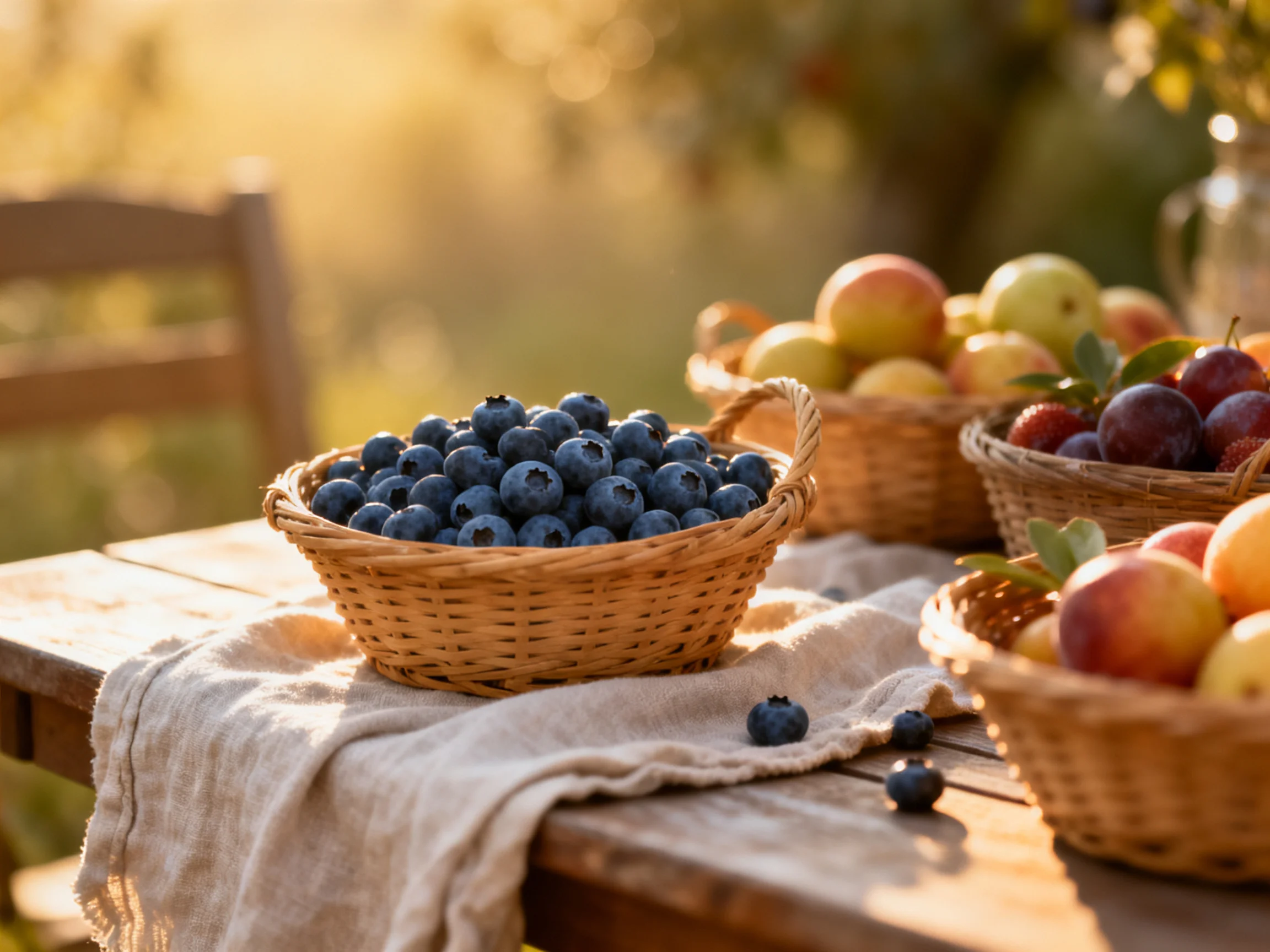 Four baskets hold assorted fruits on a wooden table