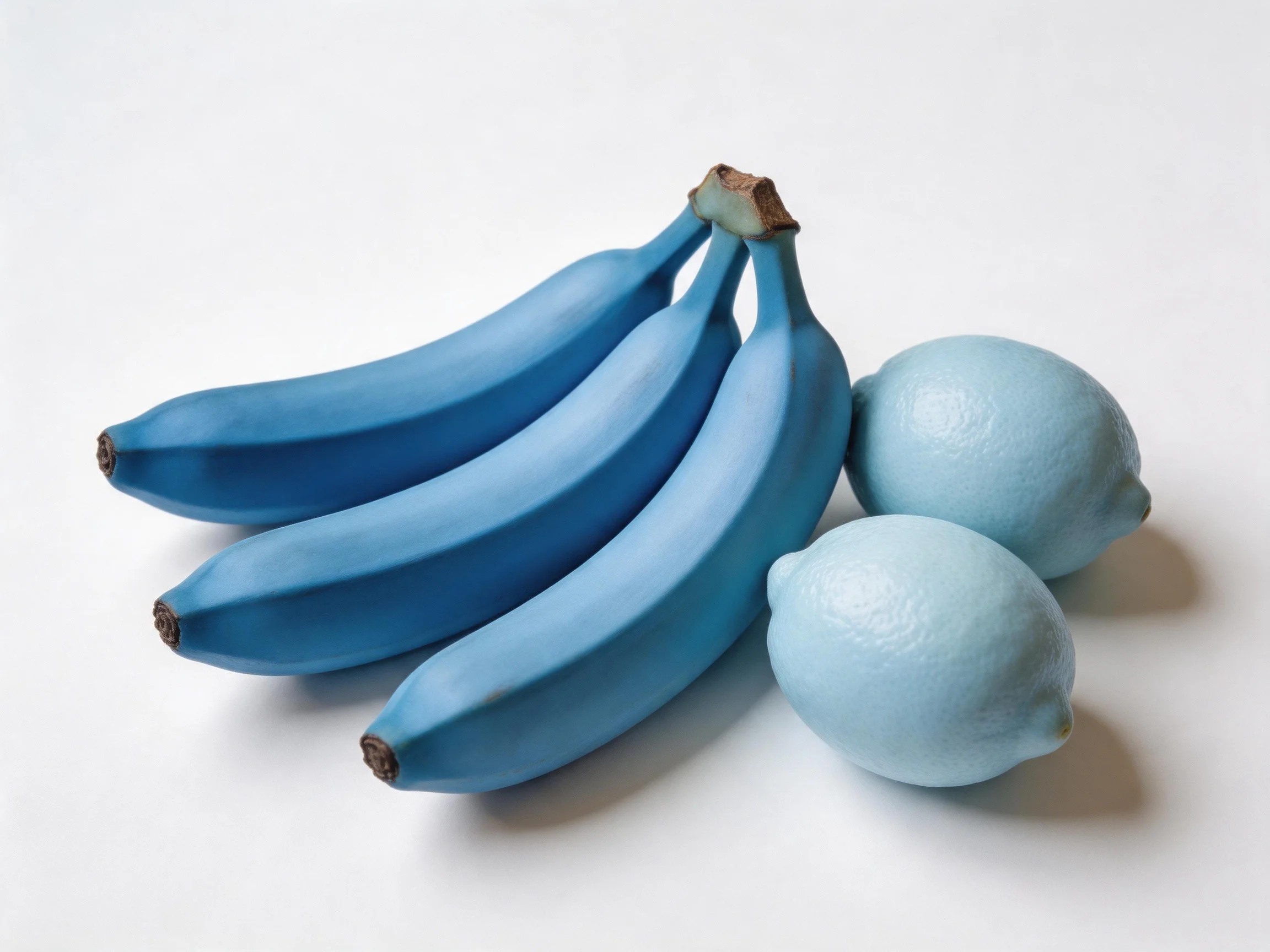 Four blue bananas and two blue lemons sit on a white backdrop.