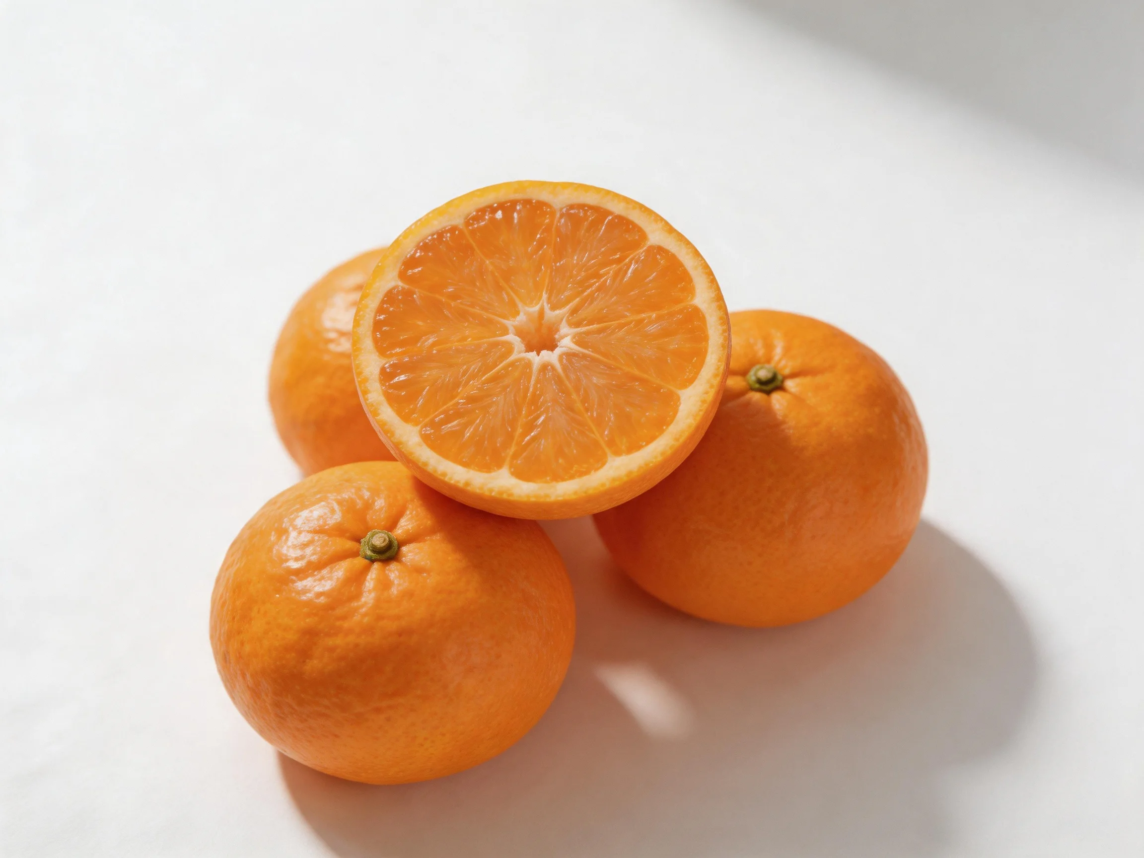 Four bright orange citrus fruits, one halved to show interior