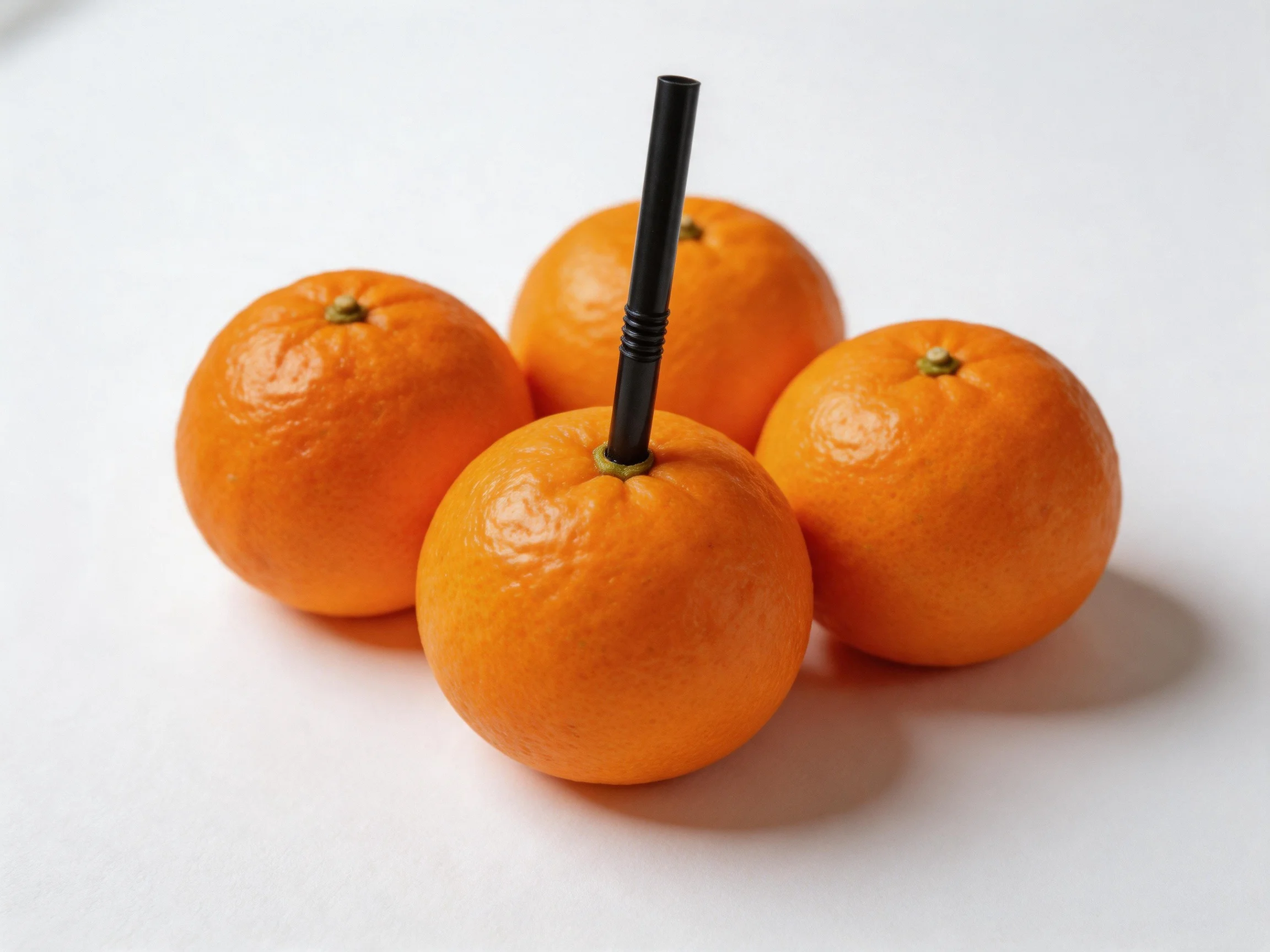 Four bright orange citrus fruits with a single black straw inserted